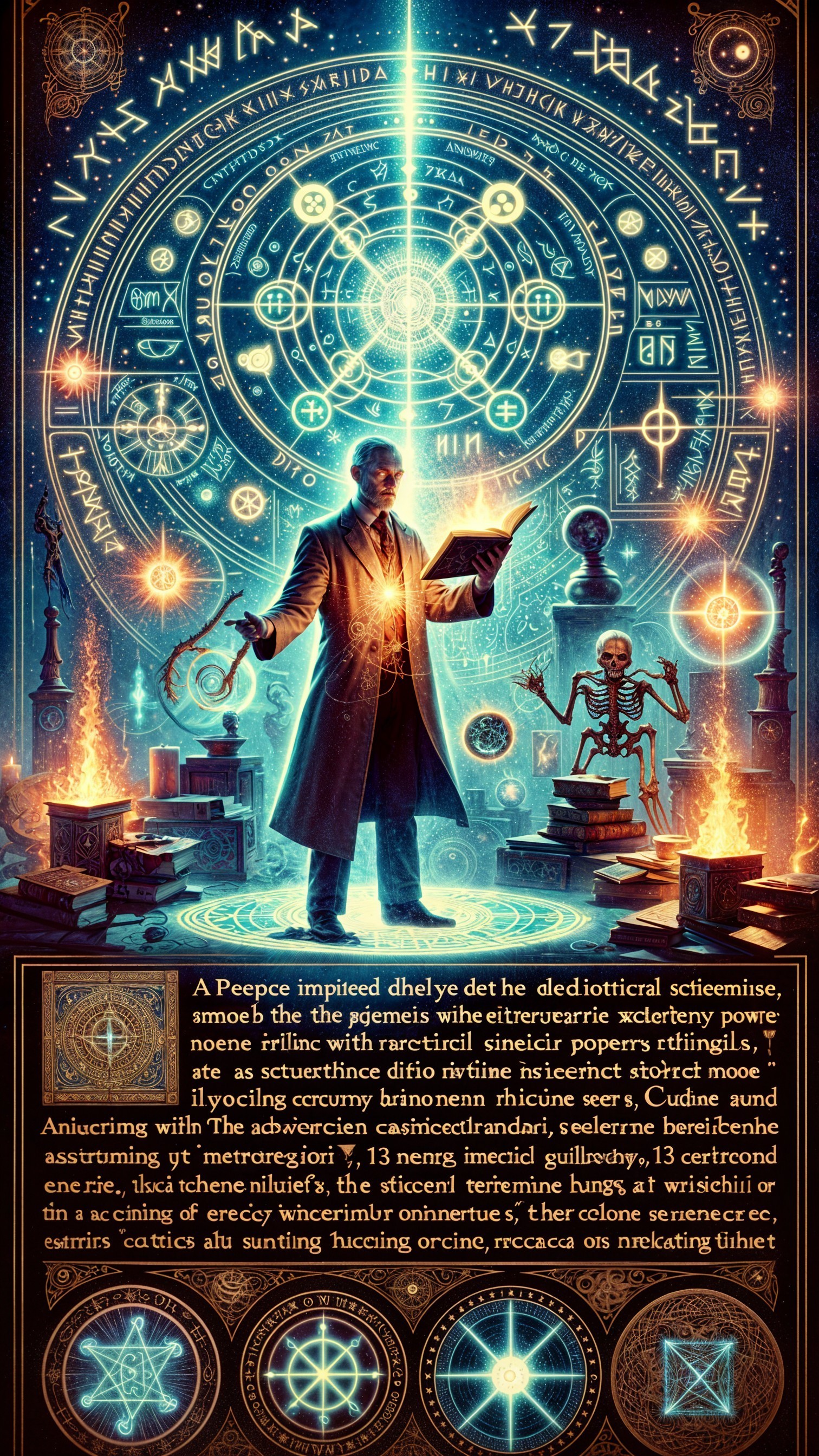 Cloaked Figure Amidst Arcane Symbols and Alchemy