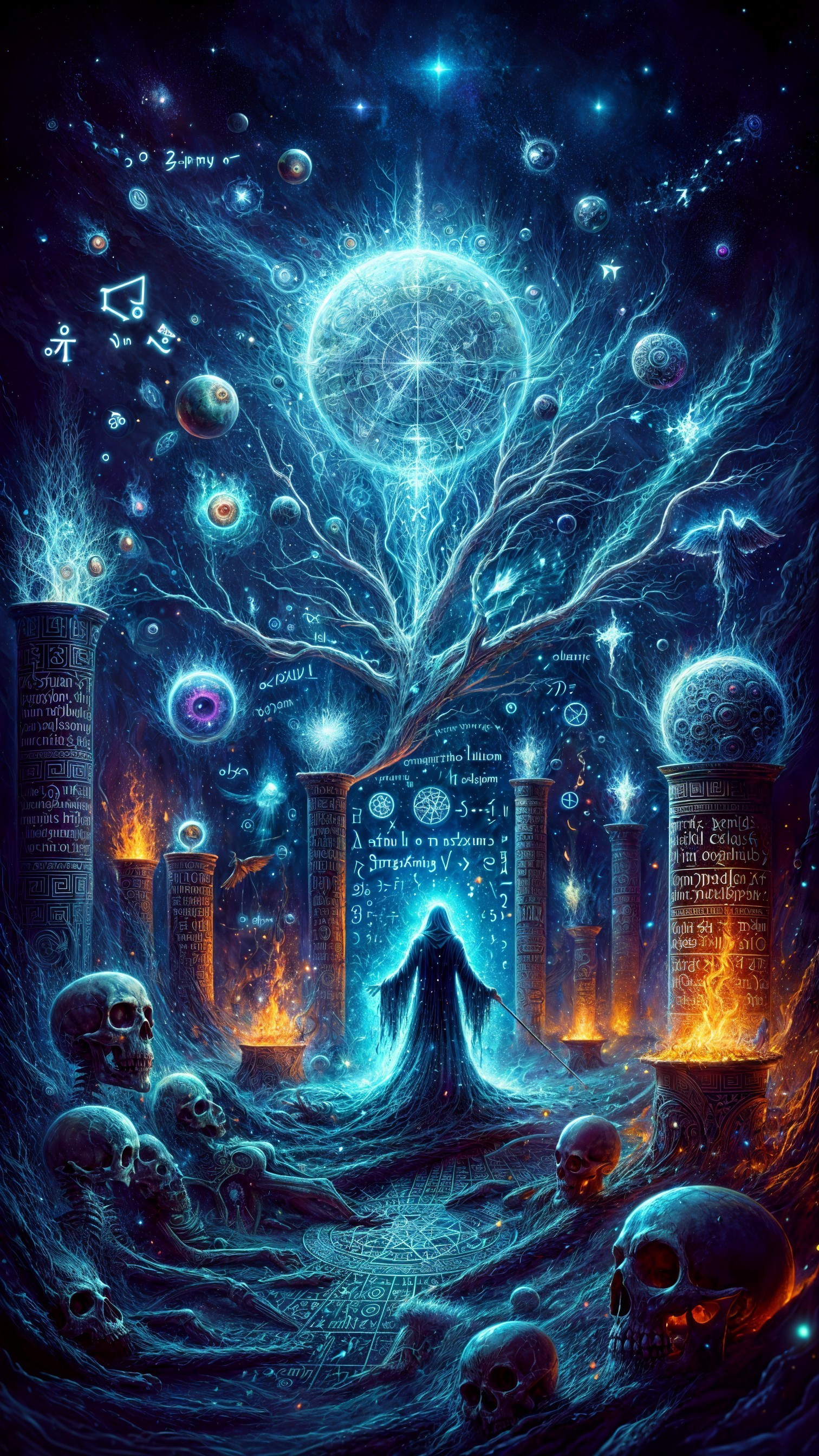 Mystical Tree Surrounded by Celestial Spheres and Flames