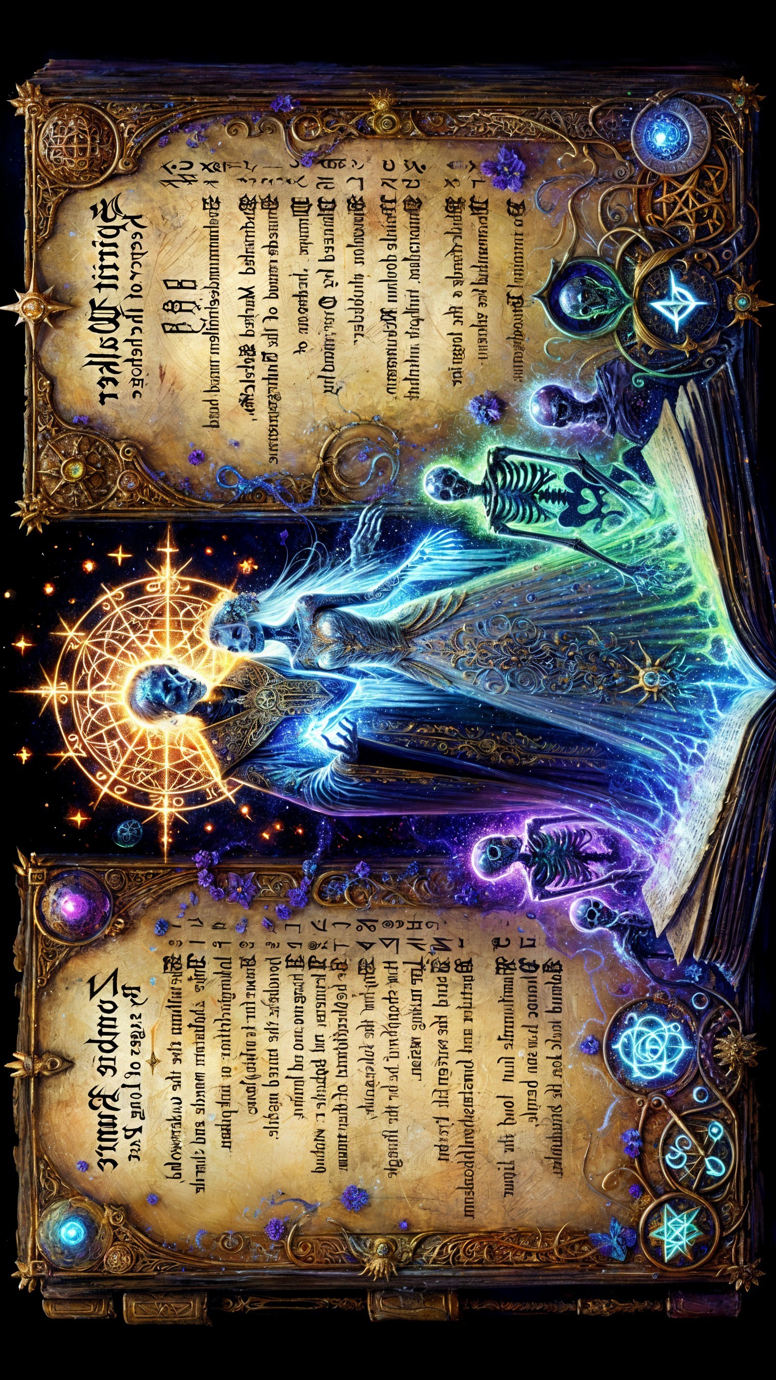 Ancient Book with Arcane Text and Mystical Symbols