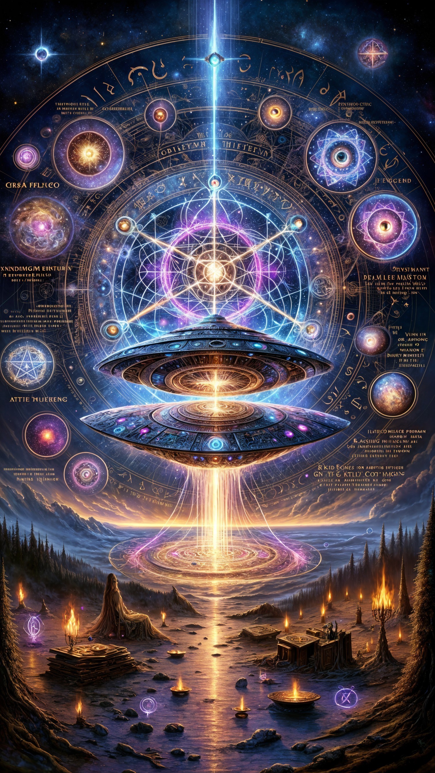 Cosmic Scene with Galaxies and Mystical Symbols