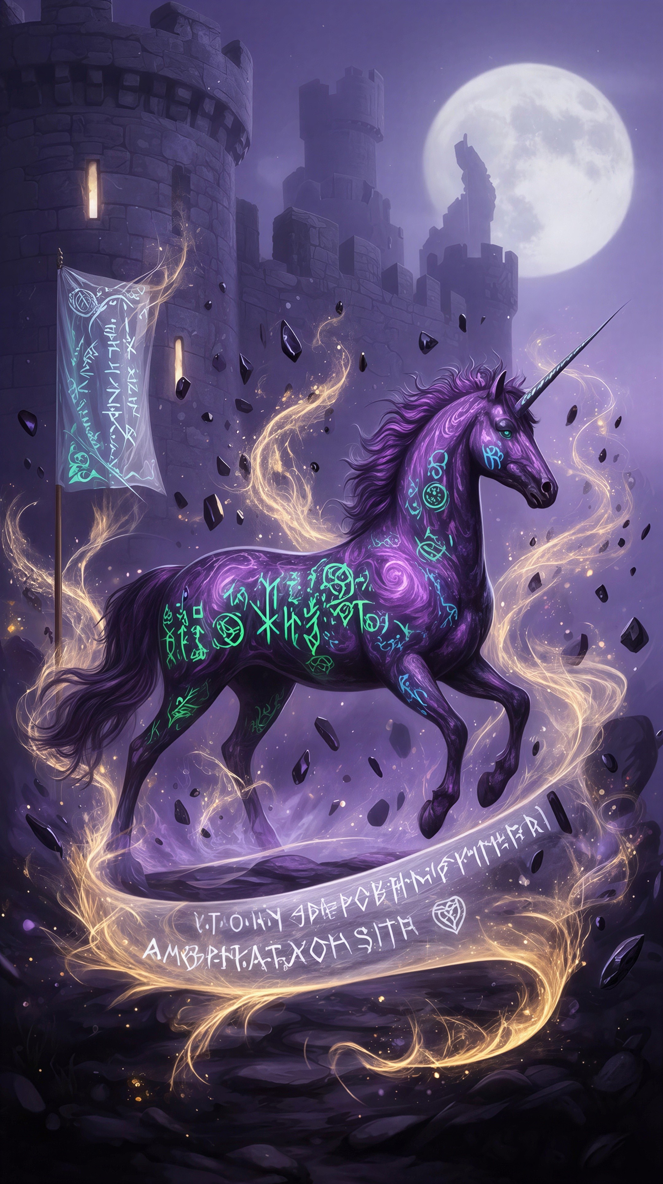 Purple Unicorn with Runic Symbols and Castle Background