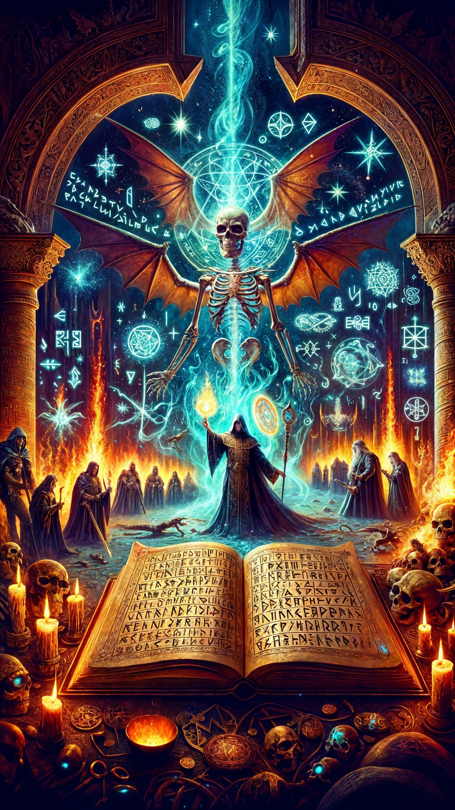 Towering Skeleton Over Cloaked Figures and Ancient Book