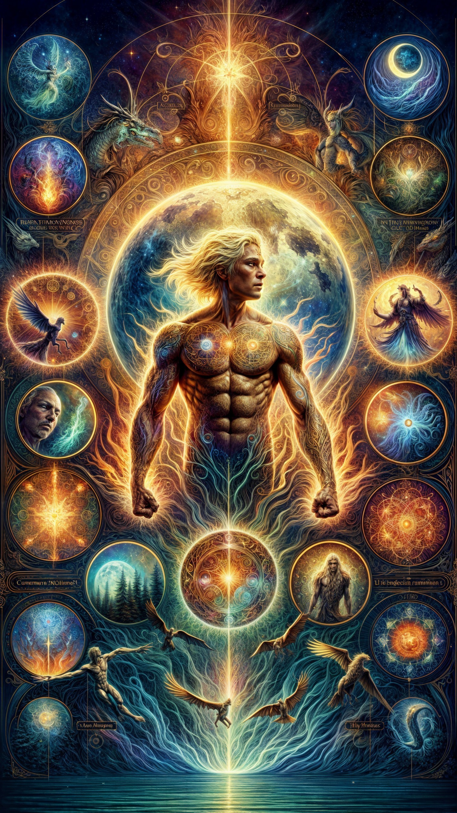 Muscular Figure Surrounded by Cosmic Energies and Symbols