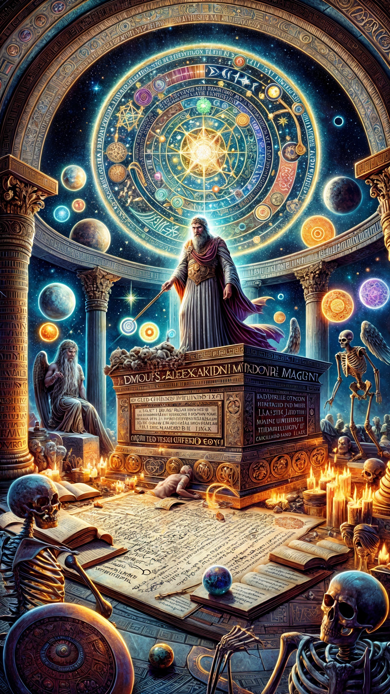 Mystical Chamber with Celestial Bodies and Scrolls