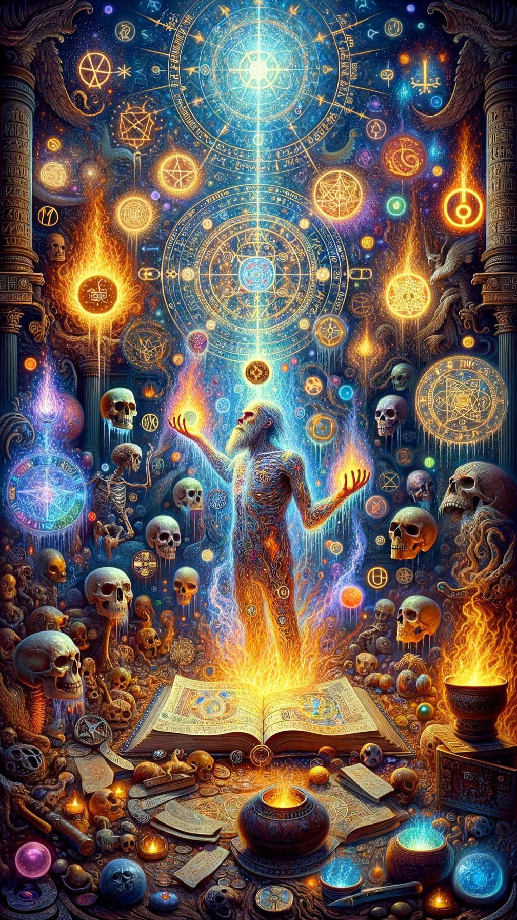 Mystical Figure Surrounded by Ethereal Flames and Symbols