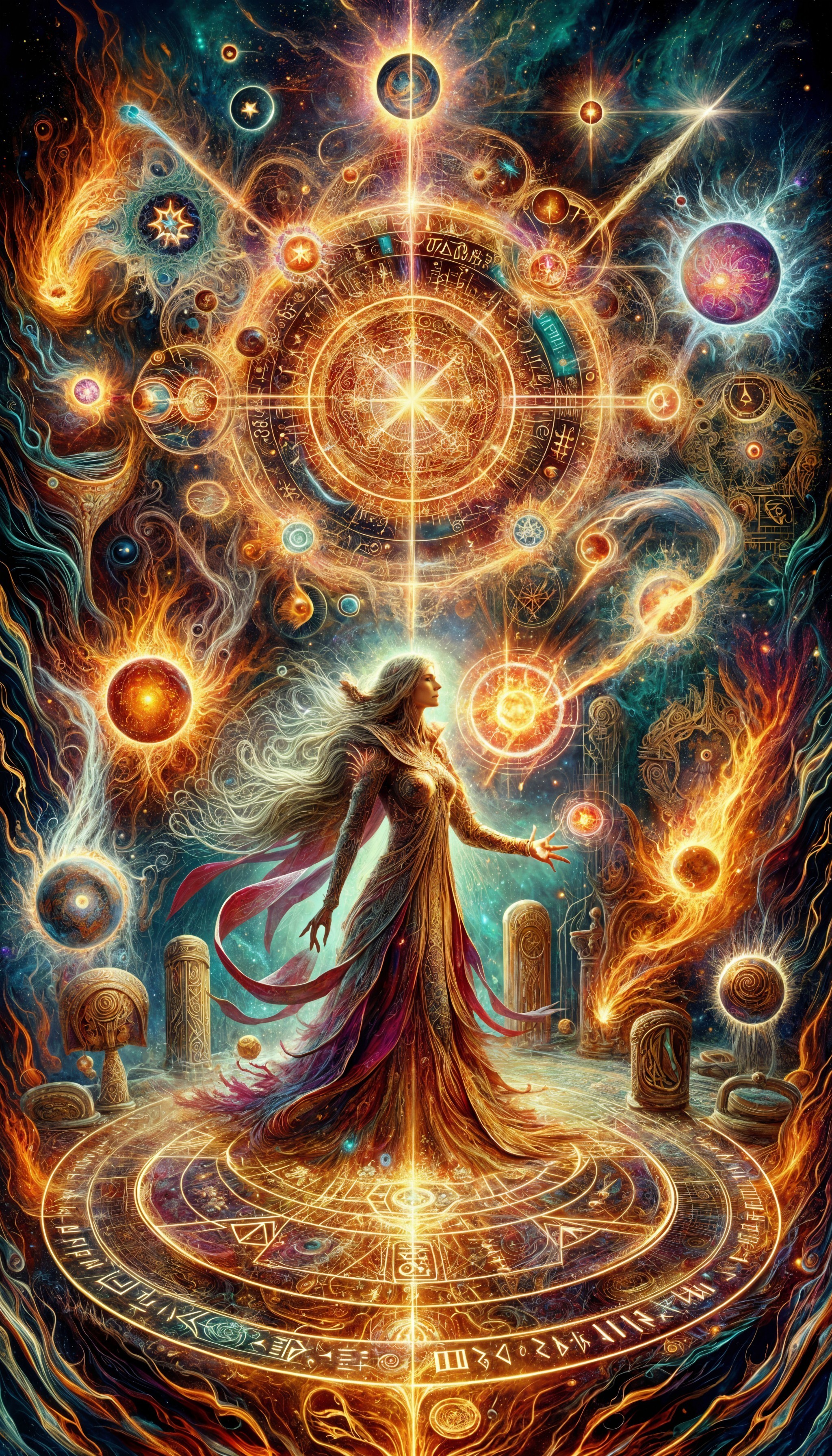 Mystical Figure in Cosmic Scene with Ancient Runes