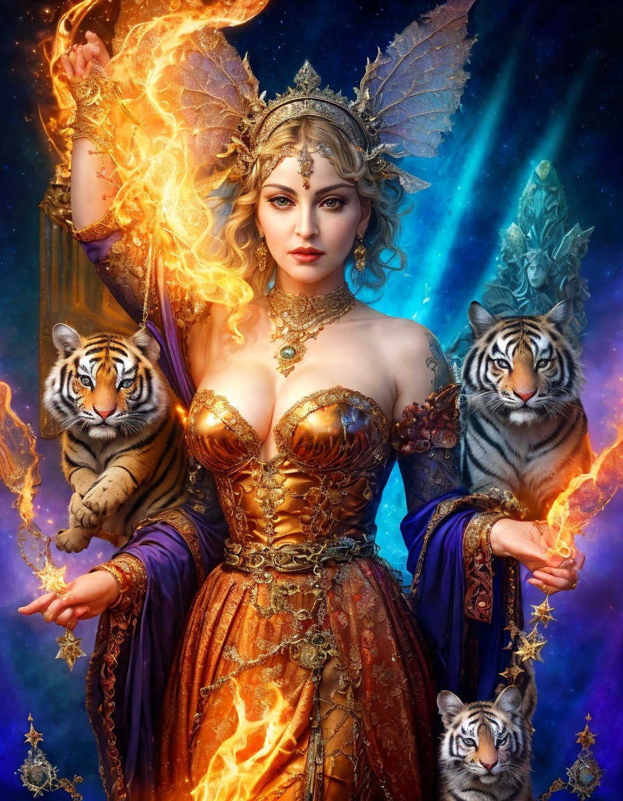 Ornate Golden Gown in Ethereal Realm with Tigers