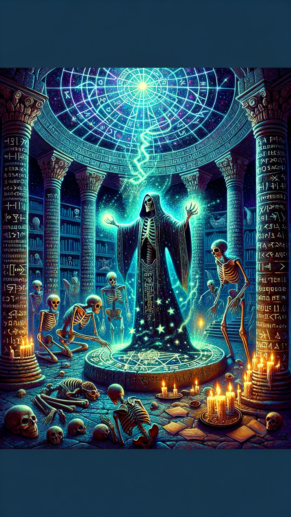 Hooded Figure Casting Spell in Mystical Chamber