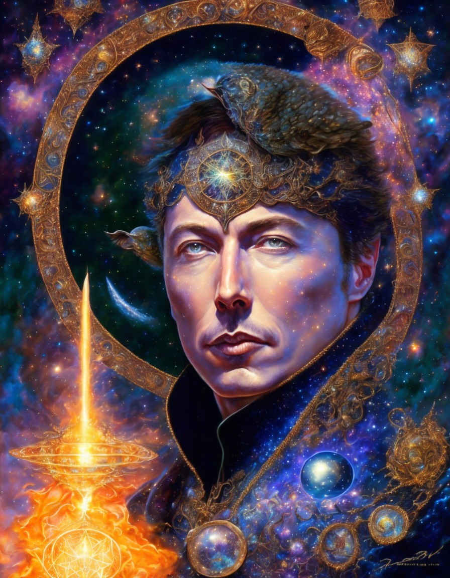 Cosmic Portrait with Celestial Crown and Galaxies