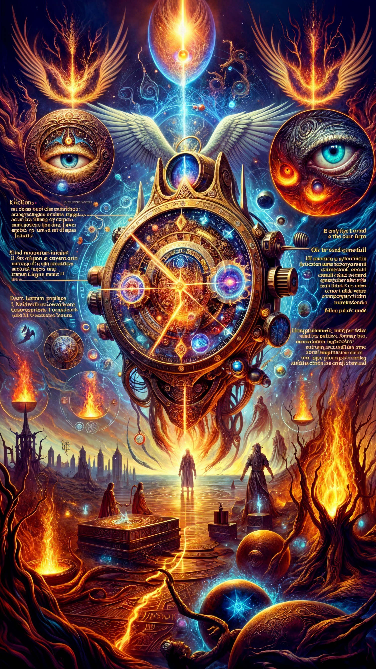 Majestic Clock Surrounded by Celestial Symbols and Eyes