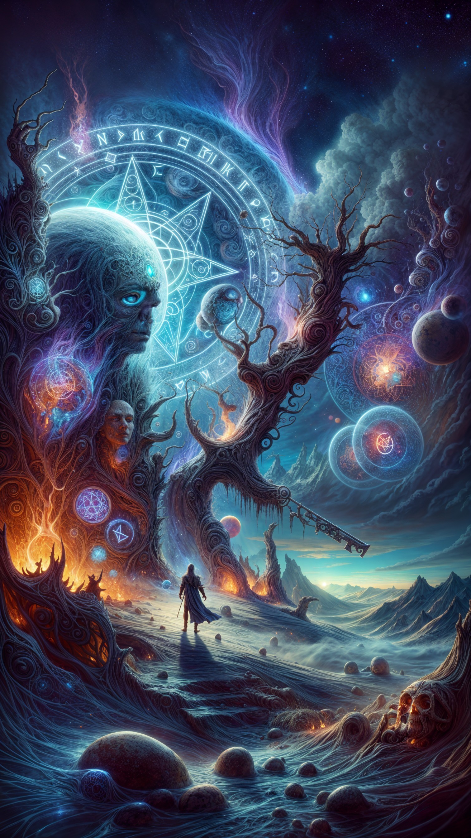 Cosmic Landscape with Mystical Tree and Celestial Bodies