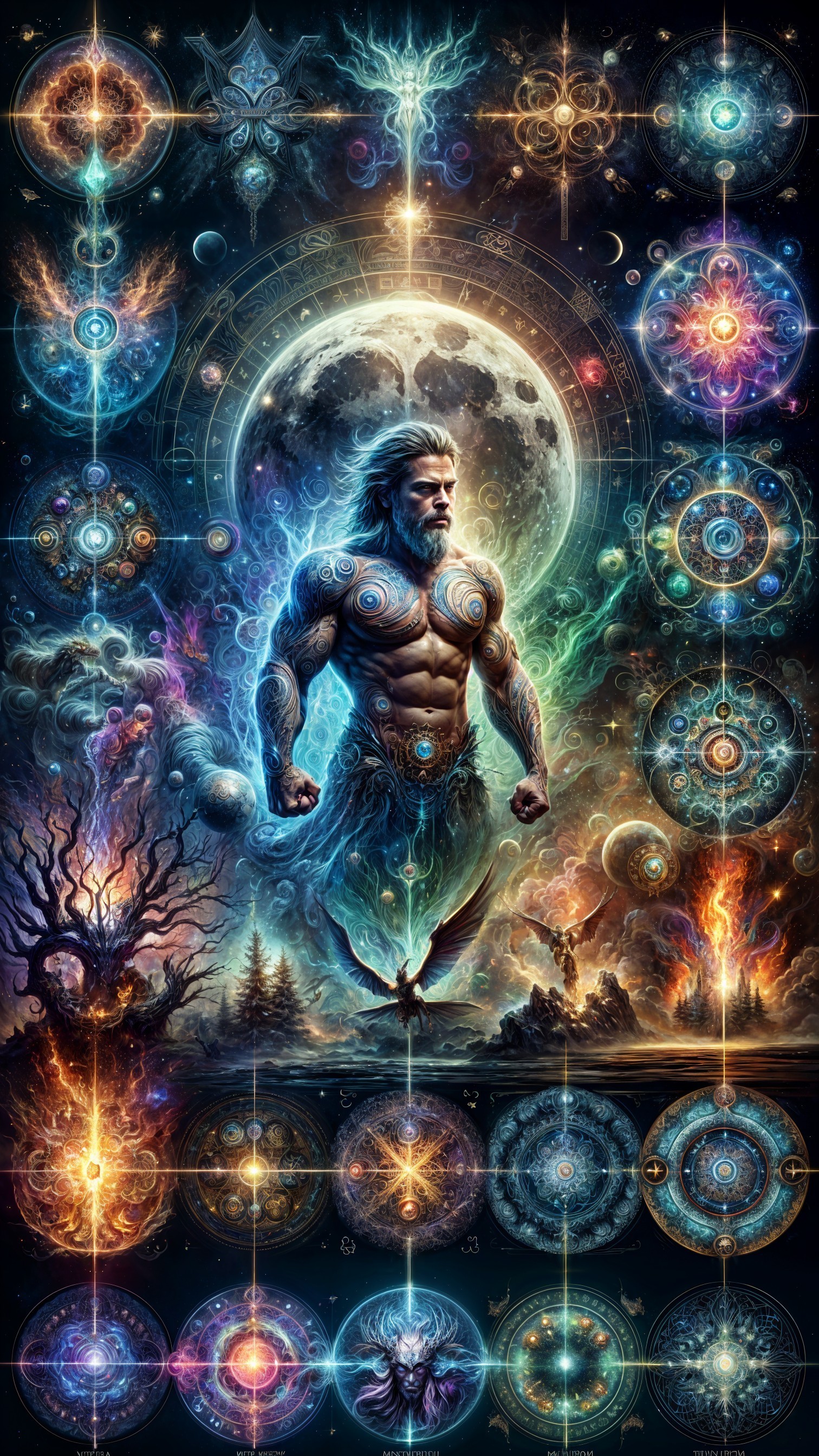 Mythical Figure Surrounded by Cosmic Elements and Mandalas