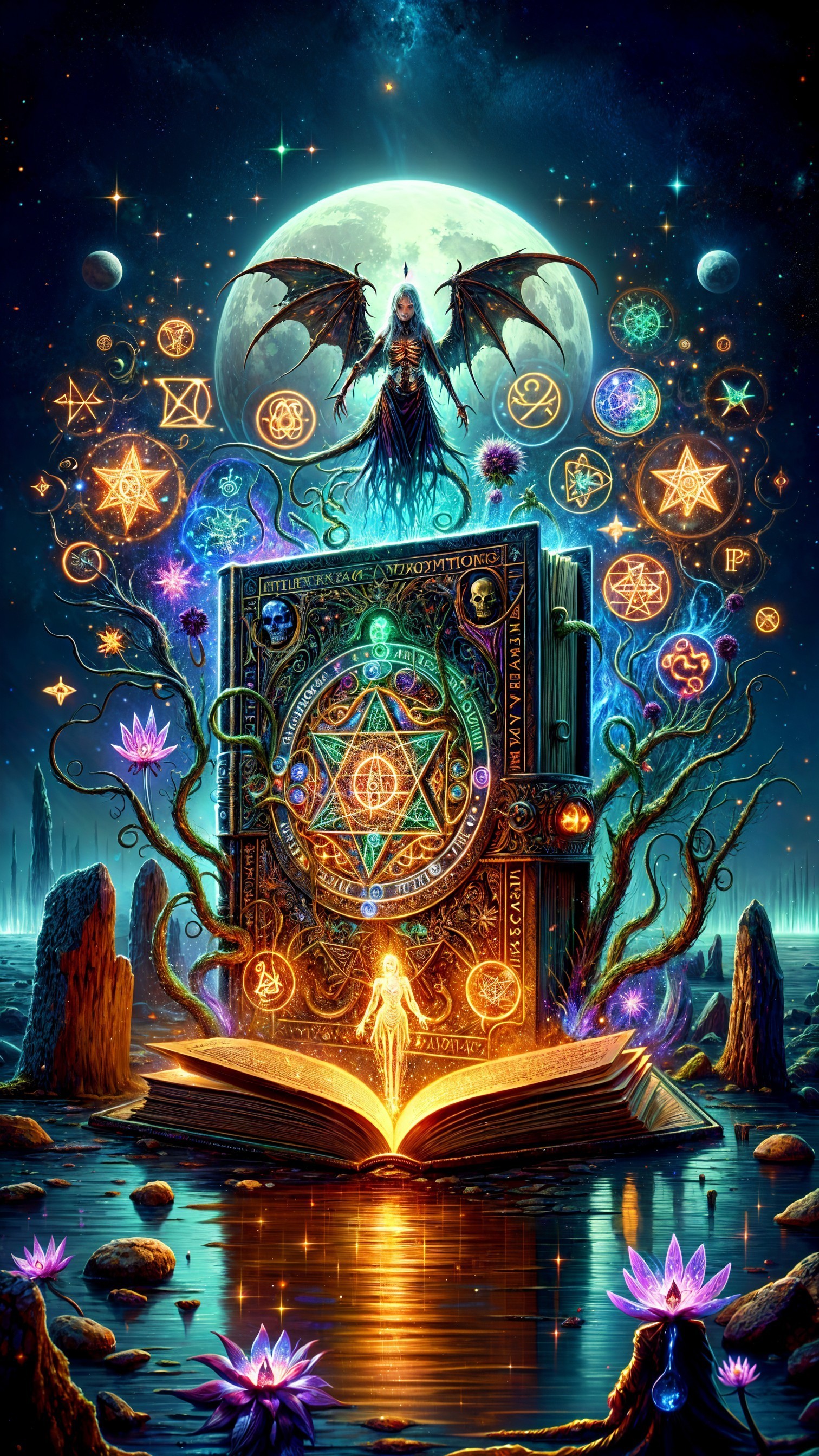 Mystical Book Surrounded by Ethereal Symbols and Light