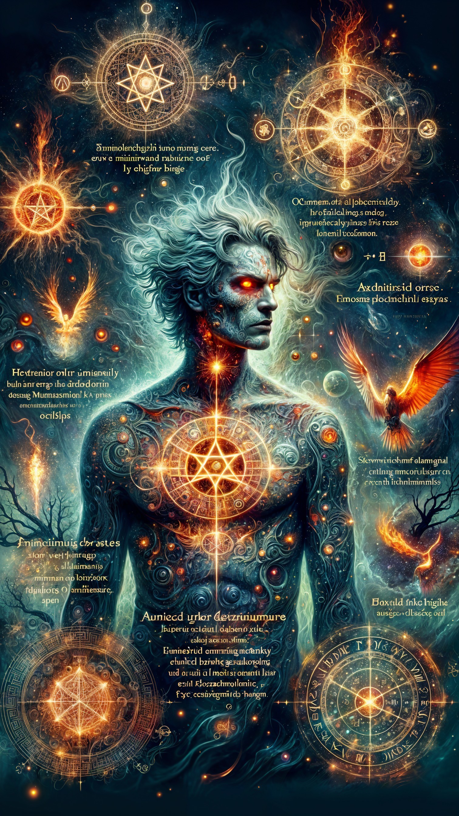 Mystical Figure with Glowing Symbols and Patterns