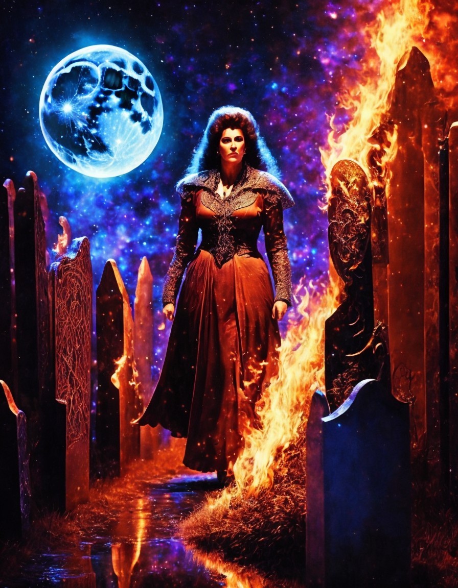 Mystical figure between moonlight and flames with gravestones
