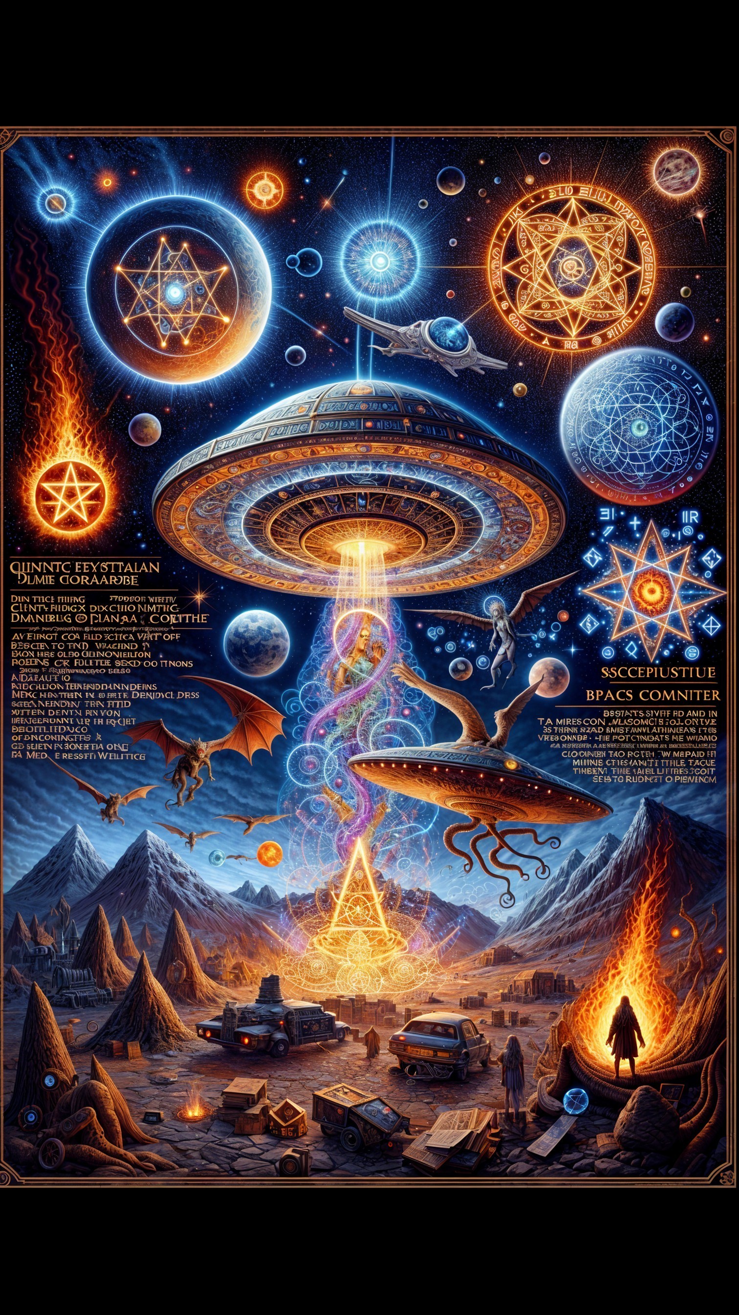 Vibrant Cosmic Scene with UFO Over Mountain Landscape