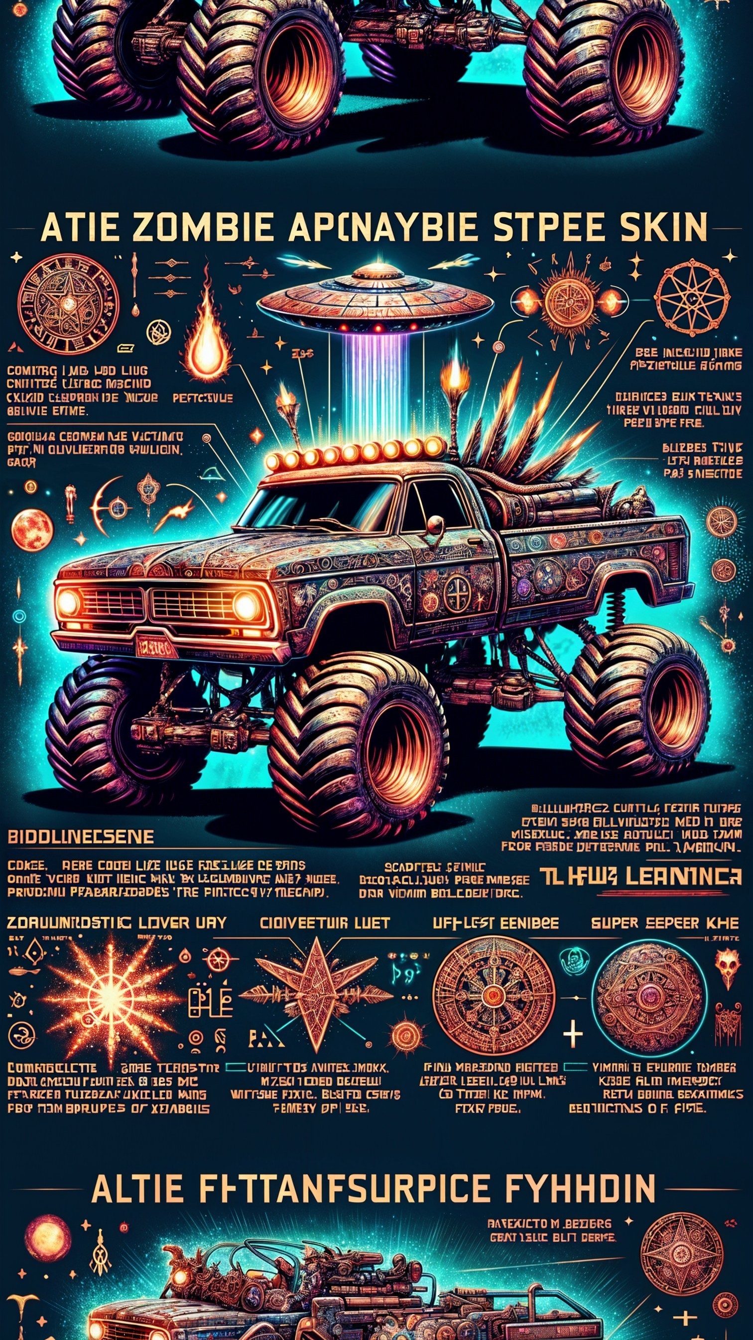 Vibrant Cosmic Design of a Monster Truck with Patterns
