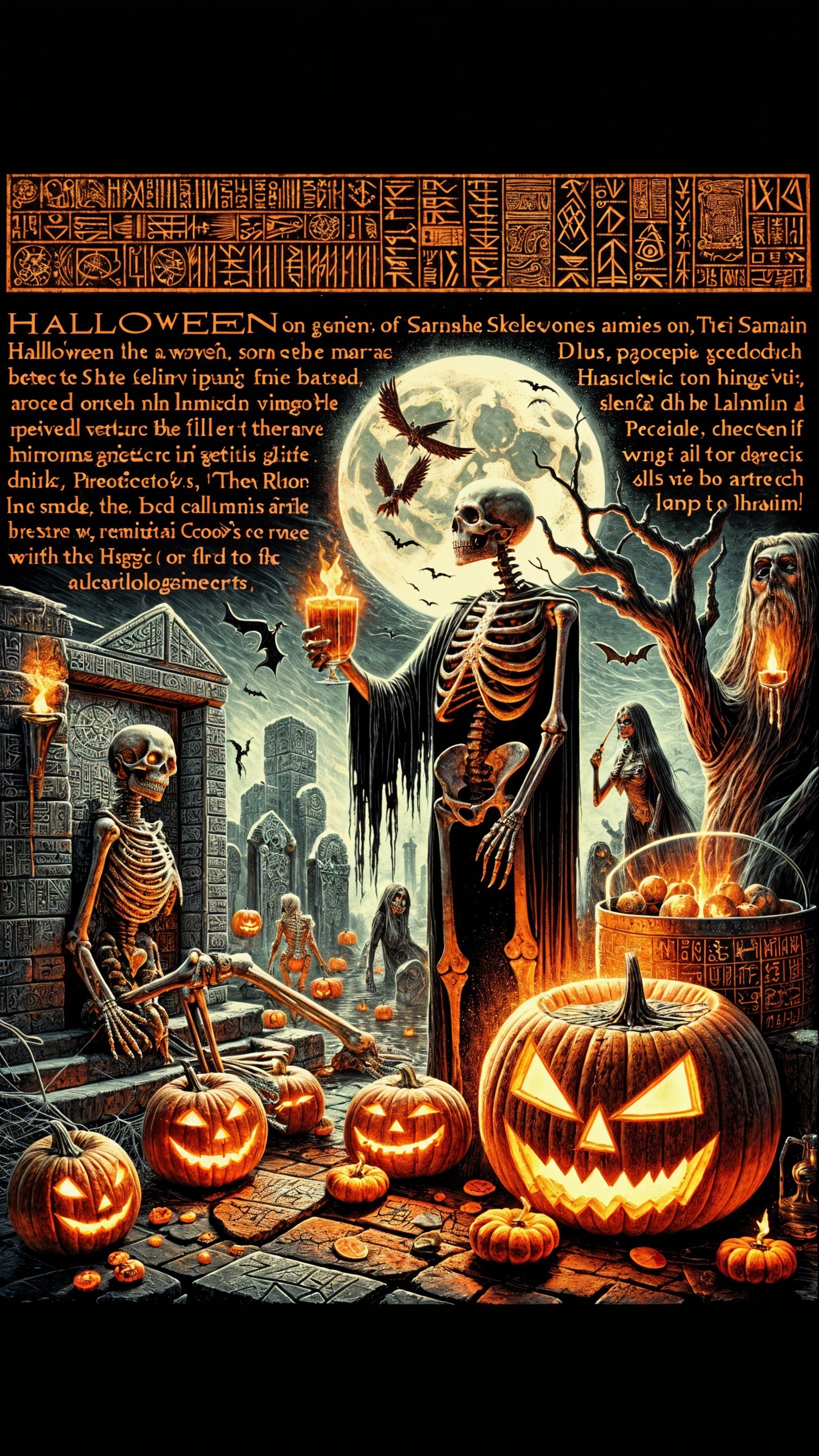 Spooky Halloween Scene with Skeletons and Pumpkins