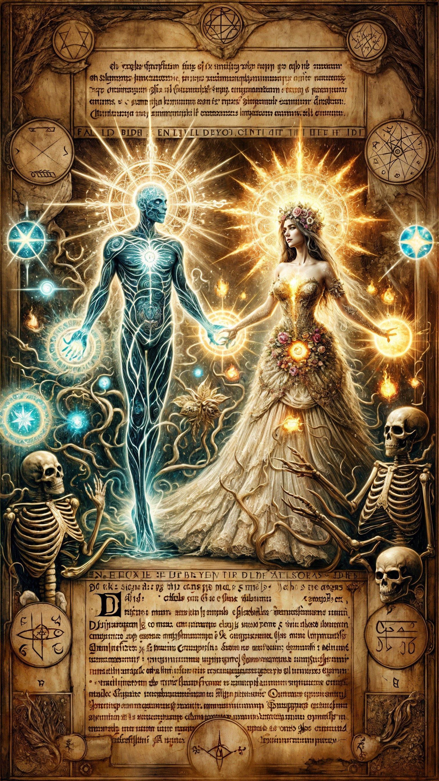 Mystical Scene with Ethereal Figures and Symbols