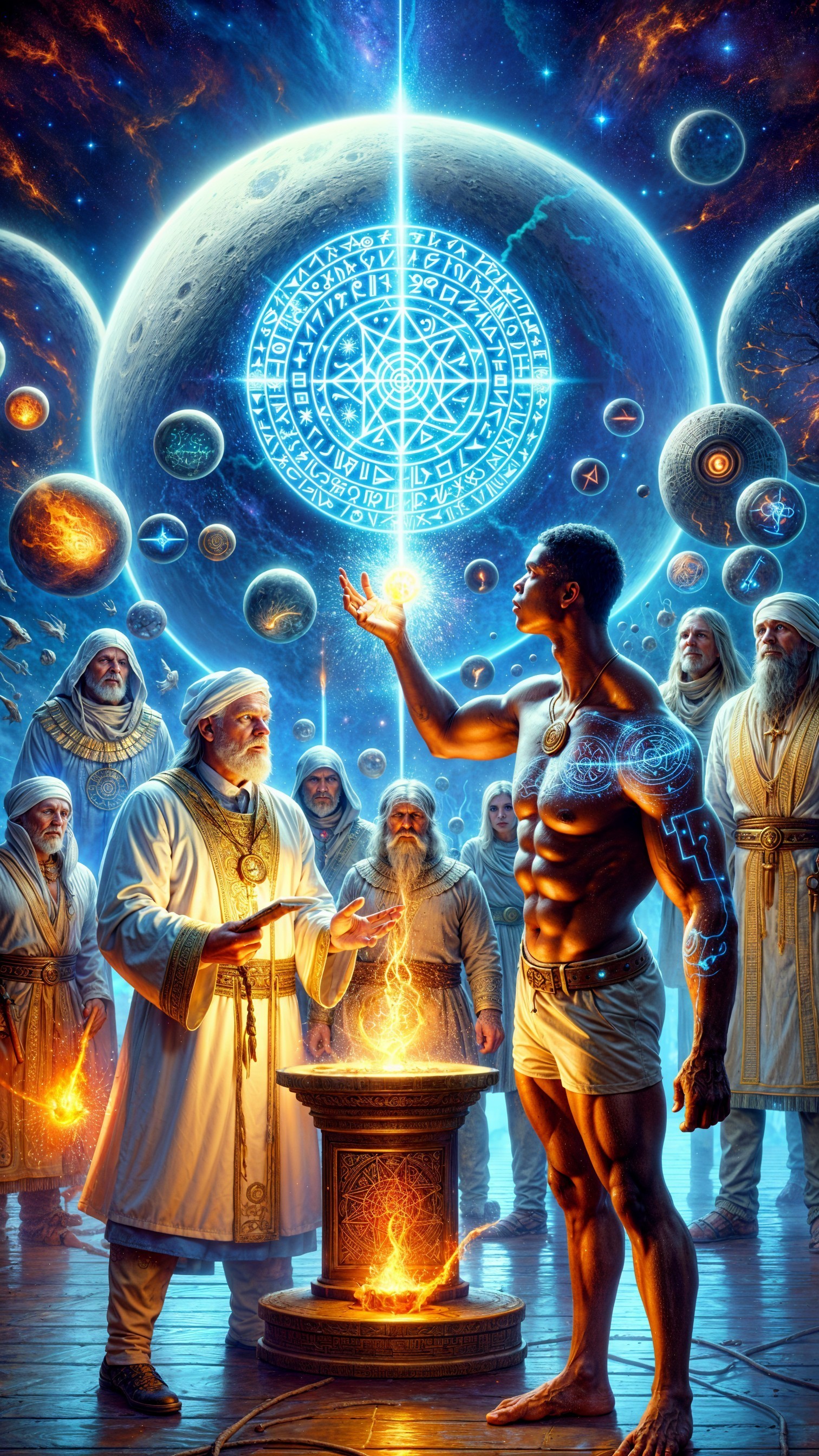 Cosmic Scene with Muscular Figure and Celestial Symbols