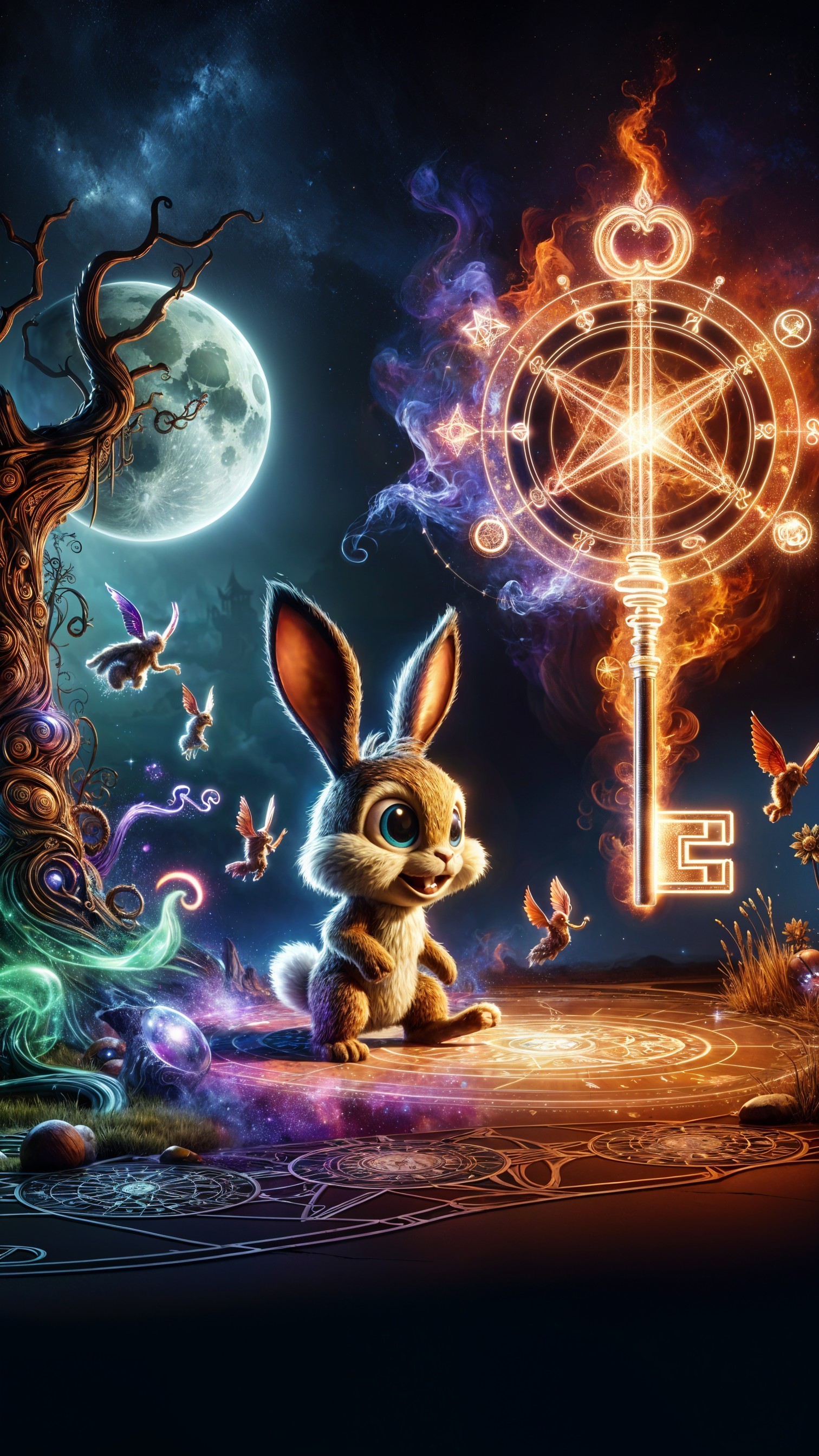 Whimsical Rabbit in a Mystical Landscape with Magic