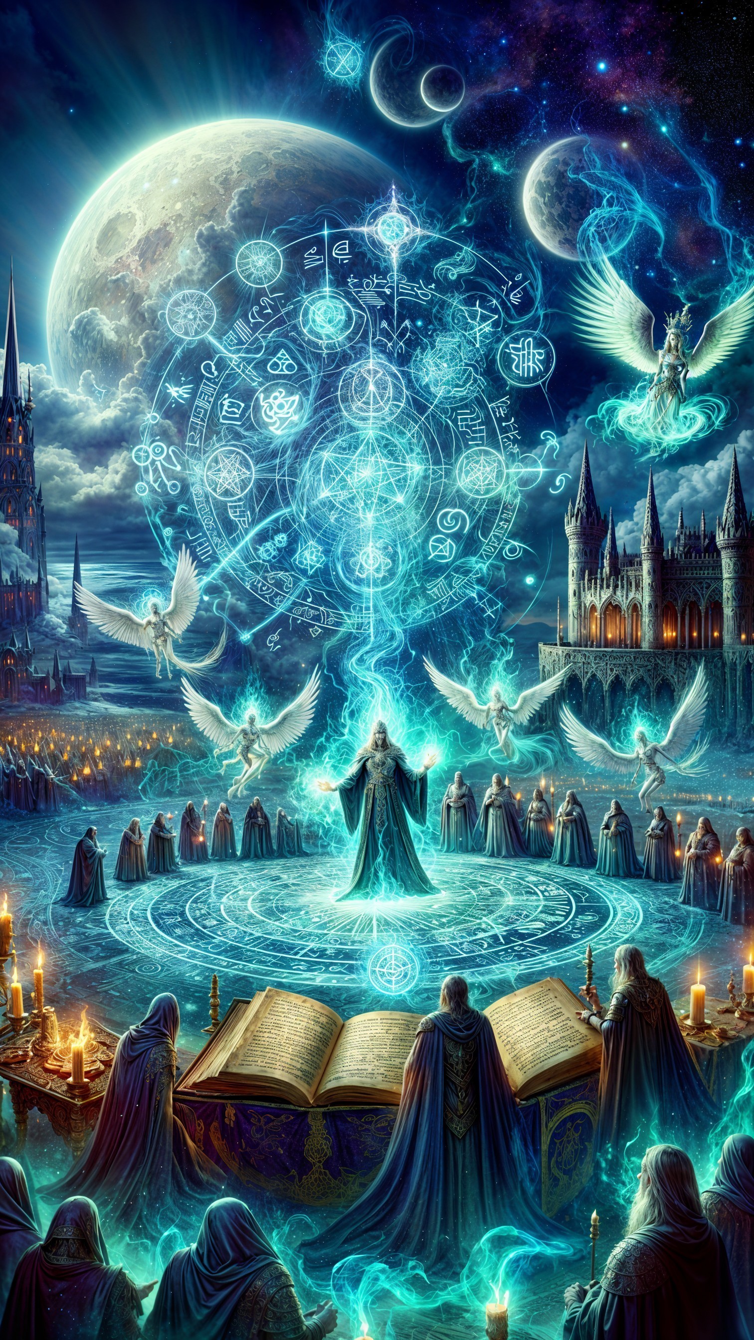 Wizard in Magical Circle Under Full Moon and Stars