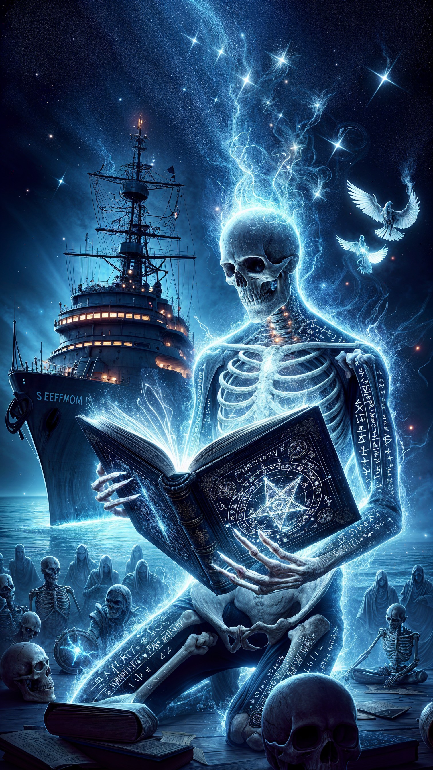 Glowing Skeletons Reading on Dark Shoreline with Ship