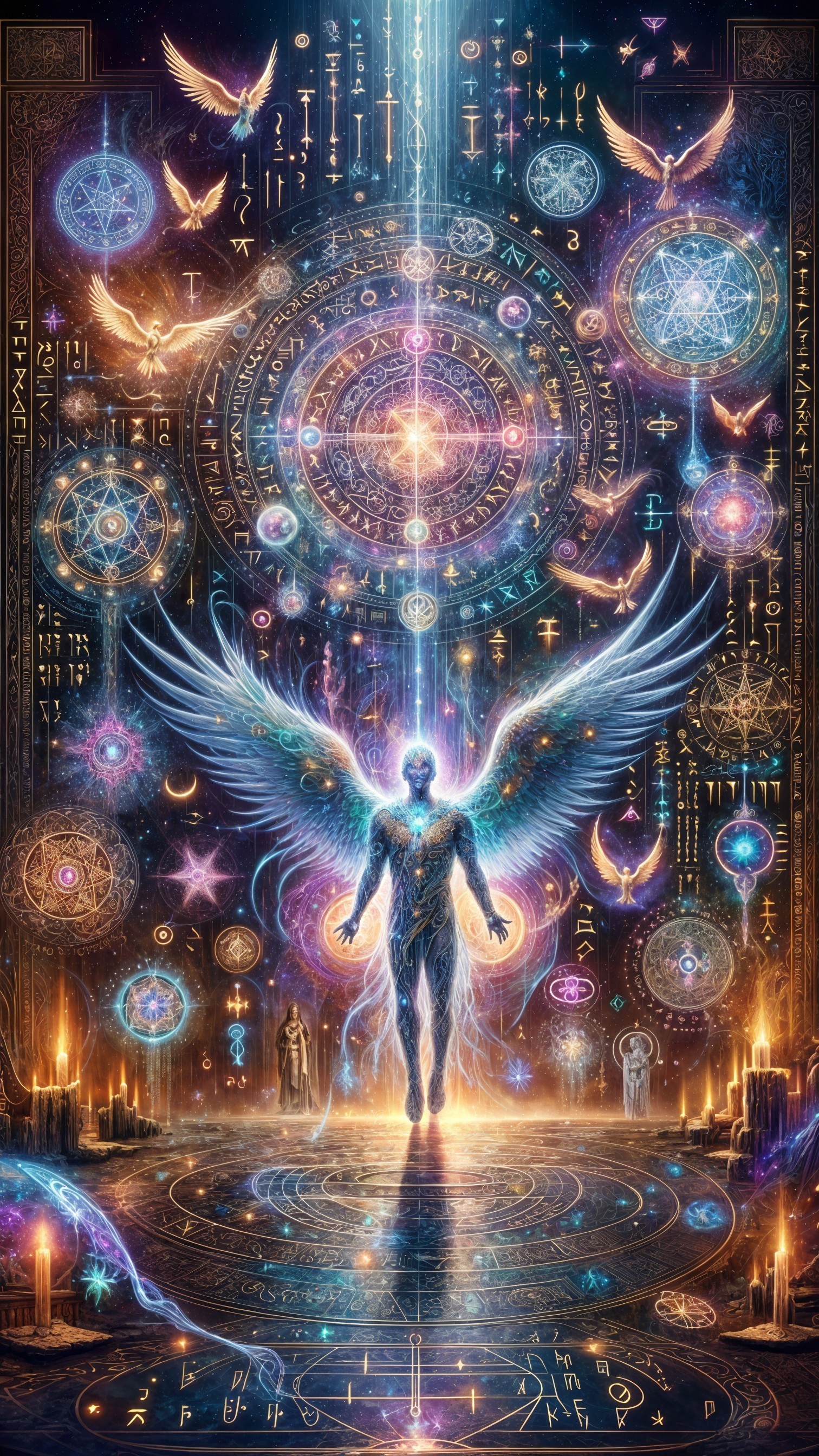 Celestial Figure with Ethereal Wings in Mystical Setting