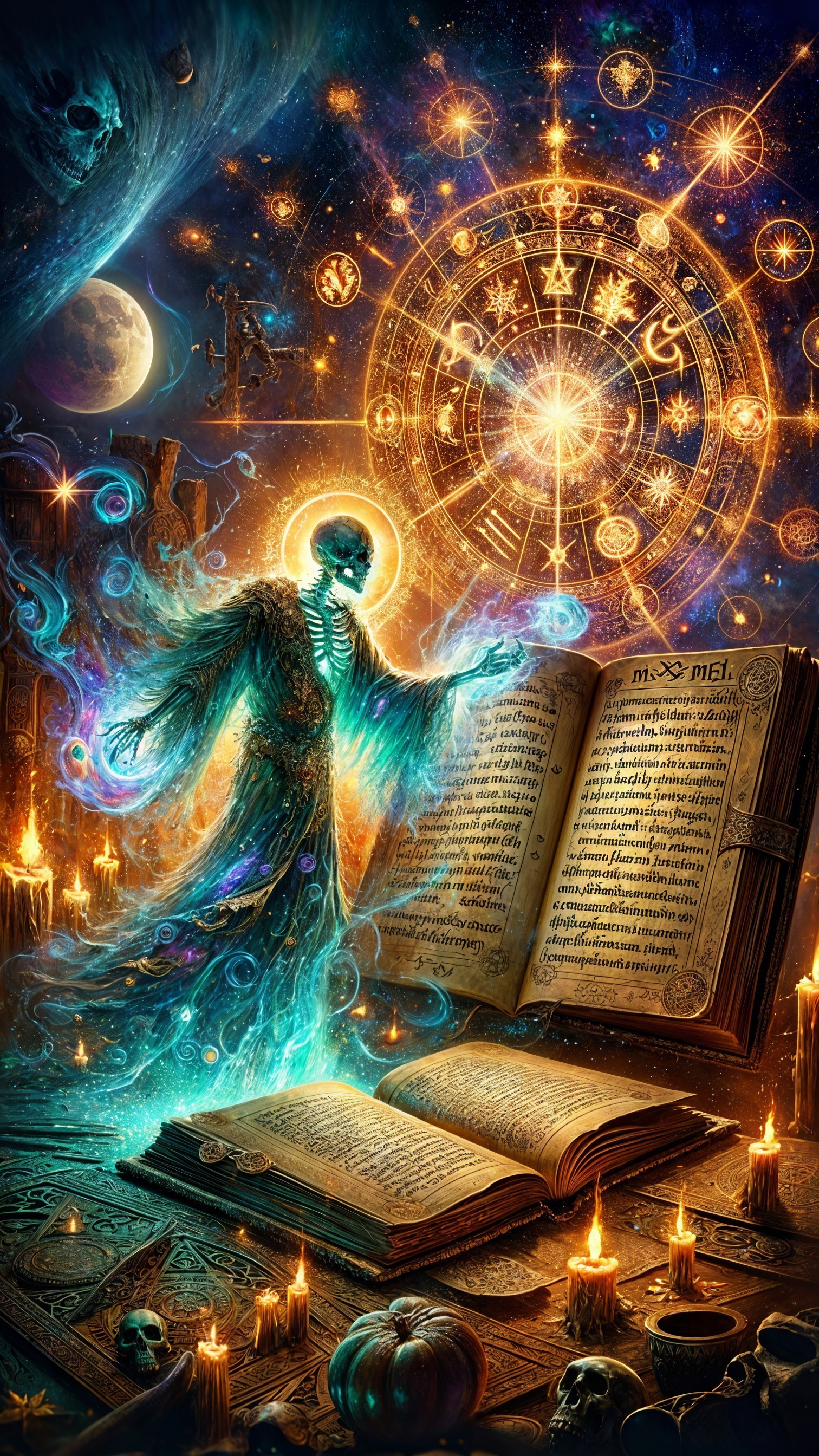 Glowing Skeleton in Ethereal Robes with Spellbook