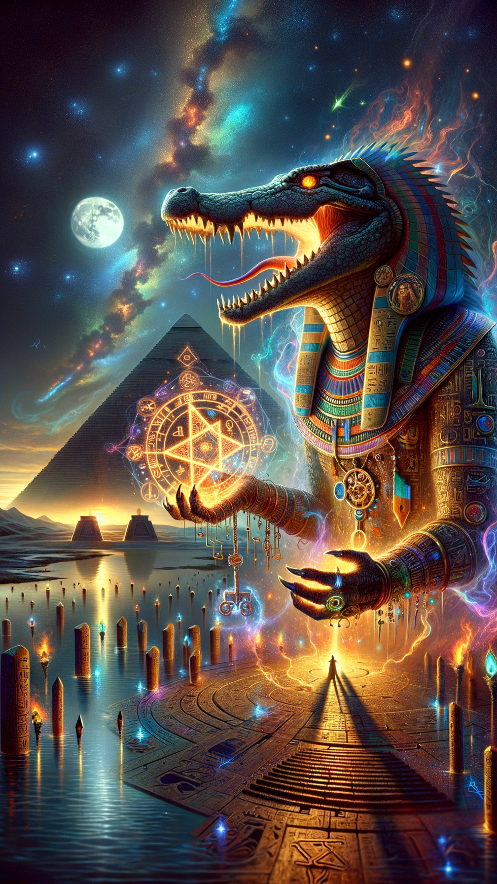 Crocodile-Headed Figure Before Glowing Pyramid