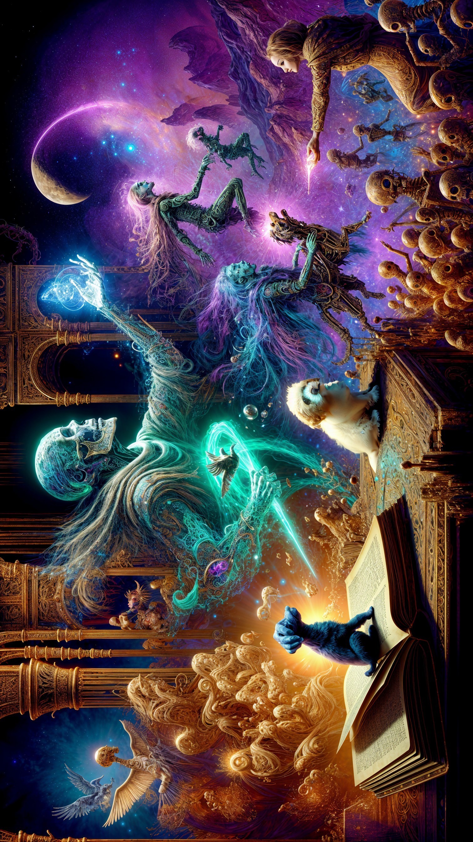 Surreal Cosmic Scene with Ethereal Figures and Nature