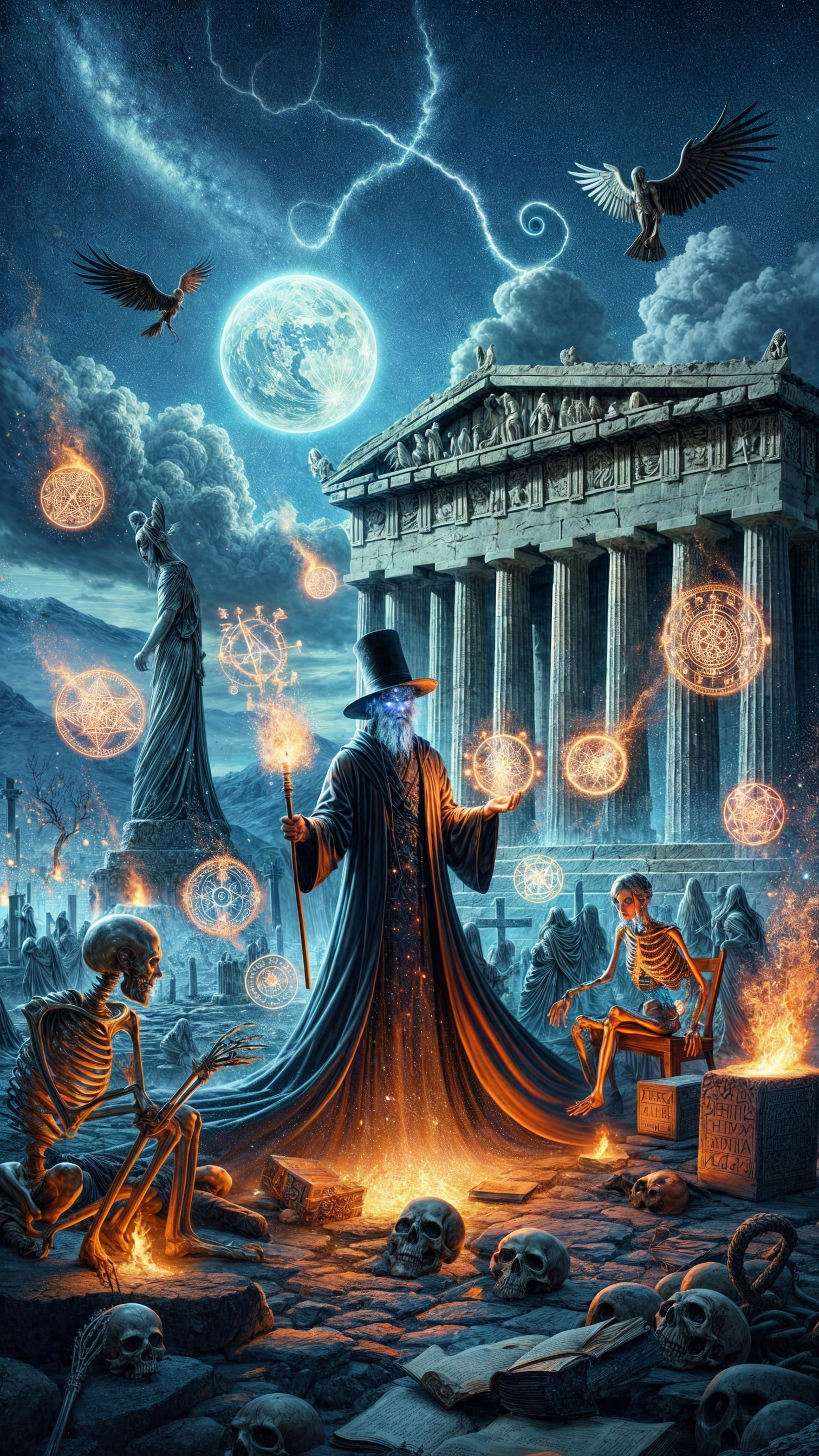 Wizard Casting Spells Among Ancient Ruins and Skeletons