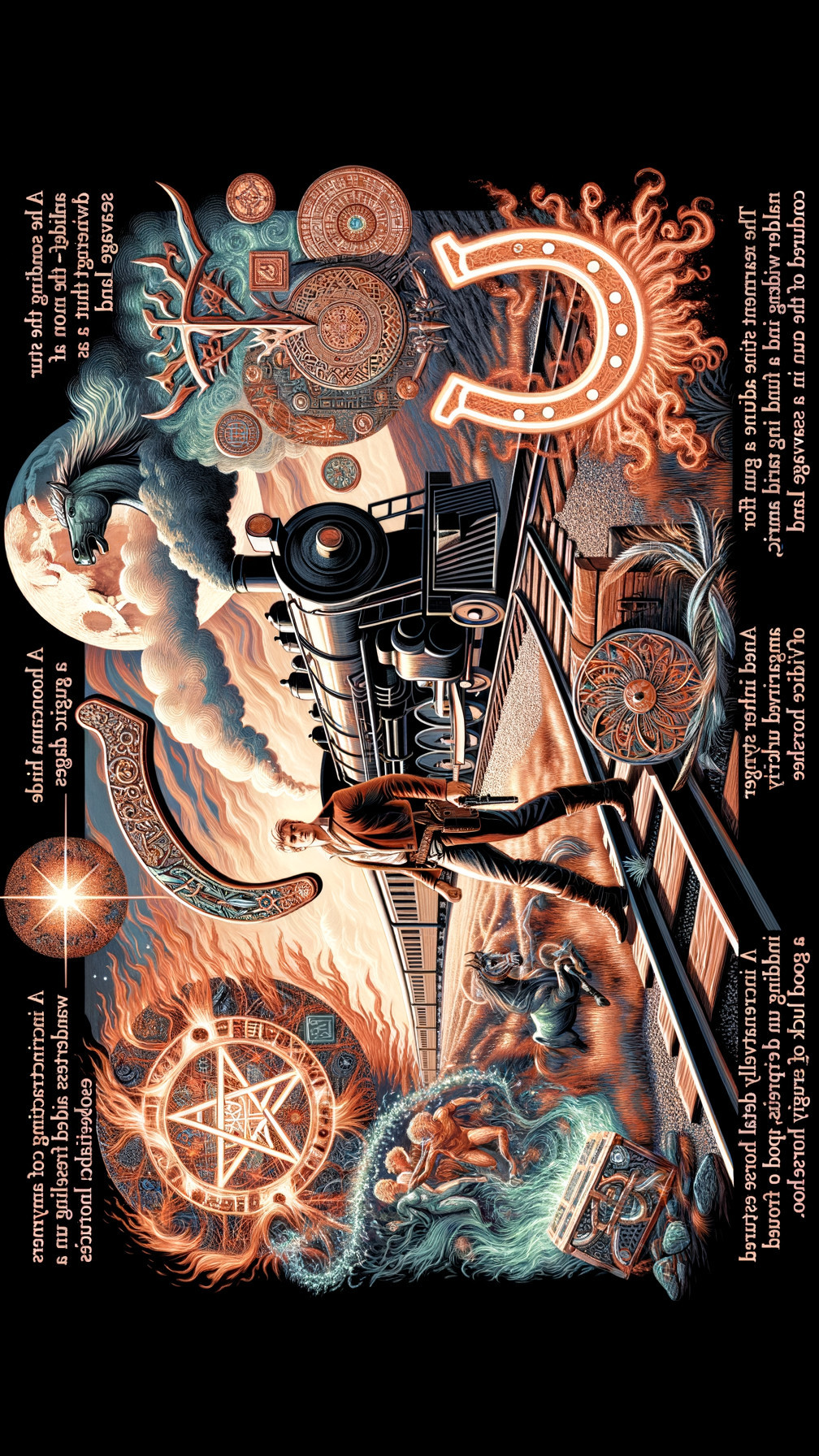 Surreal Landscape with Train and Mystical Symbols