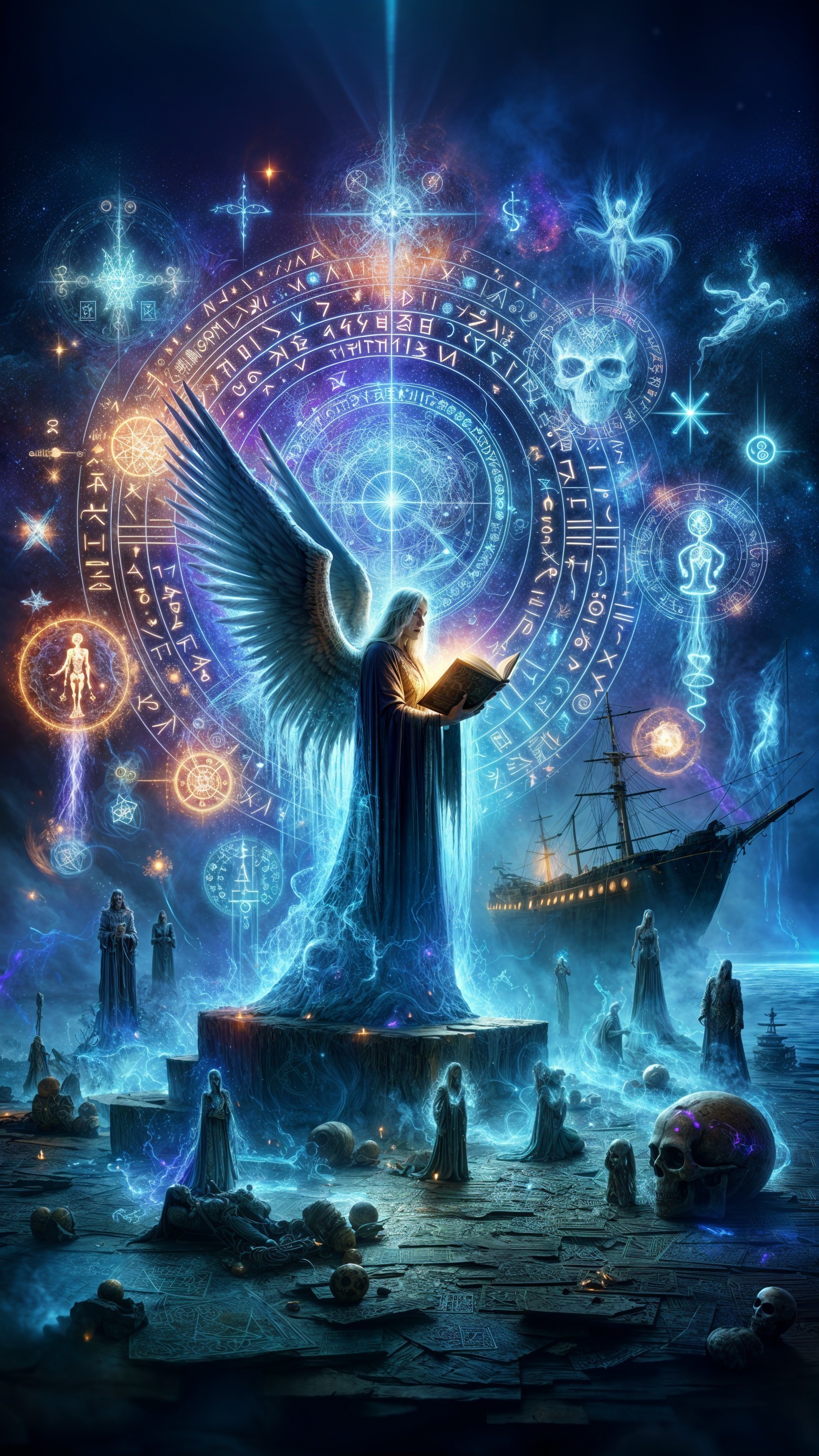 Ethereal angel on glowing platform with cosmic symbols