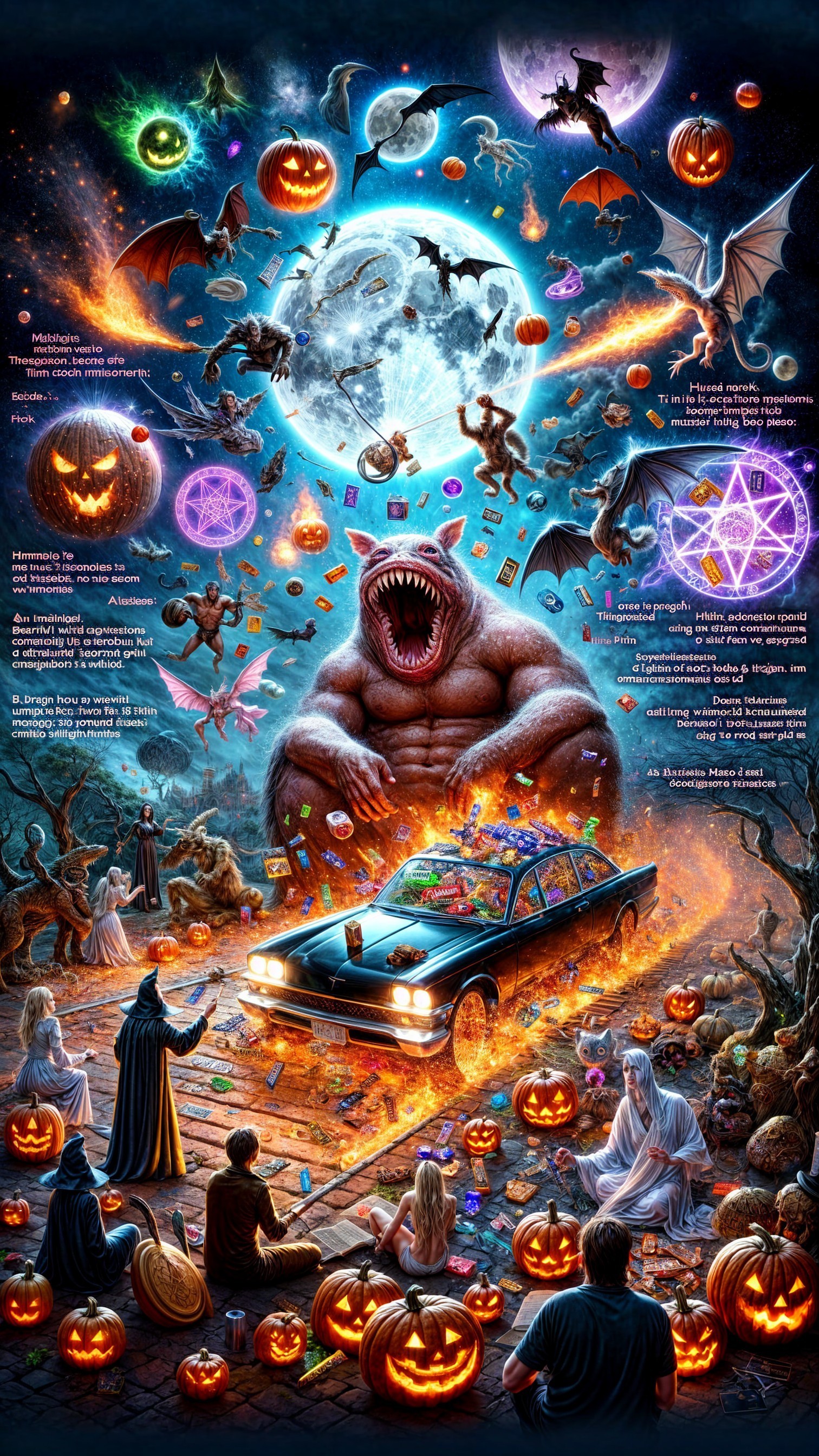 Halloween Scene with Classic Car and Magical Creatures