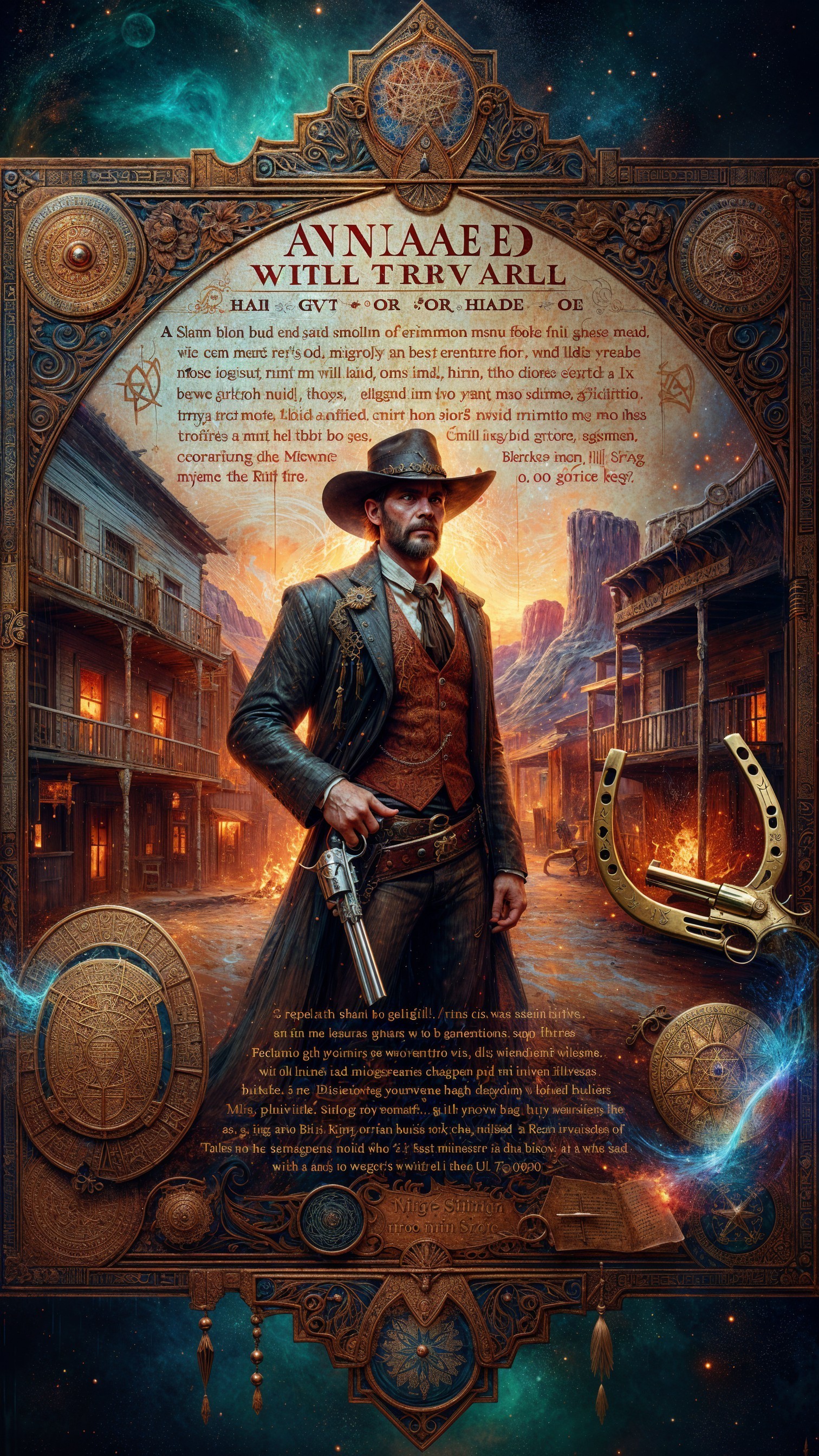 Antique Framed Digital Painting of Cowboy at Sunset