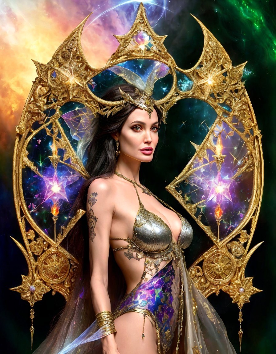 Female figure with tattoos in ornate cosmic setting