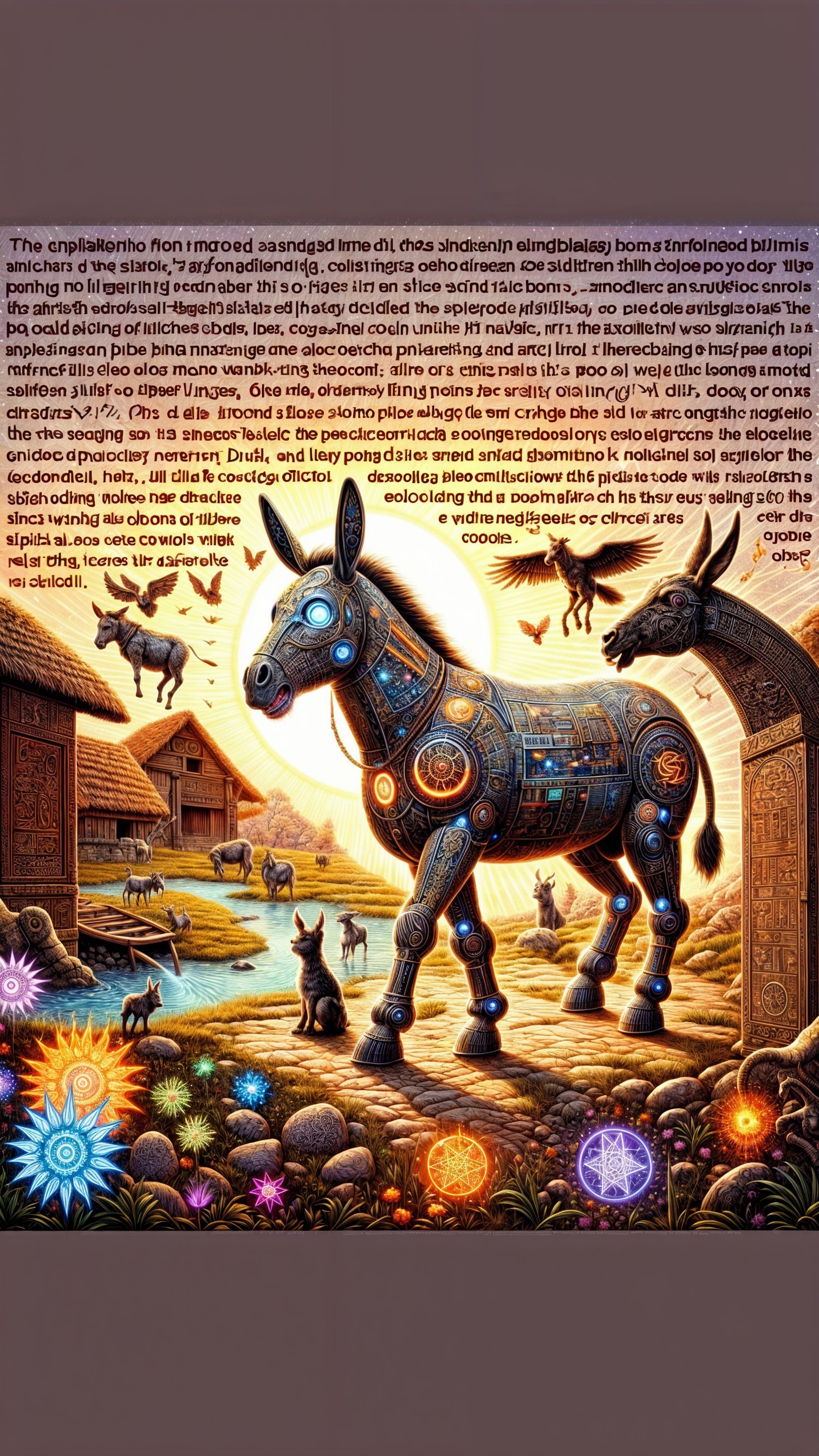 Surreal Landscape with Robotic Unicorn and Whimsical Elements
