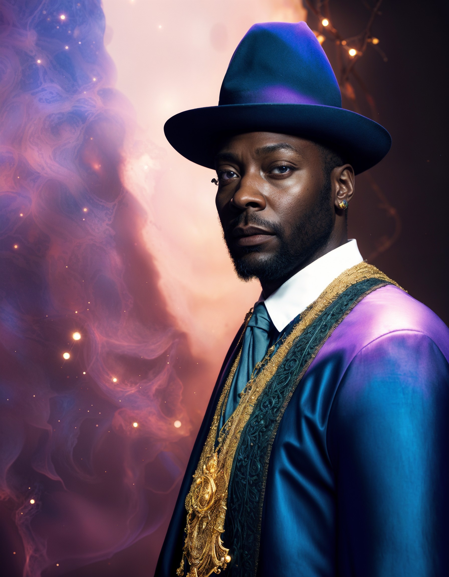 Distinguished Man in Royal Blue Suit Against Cosmic Background