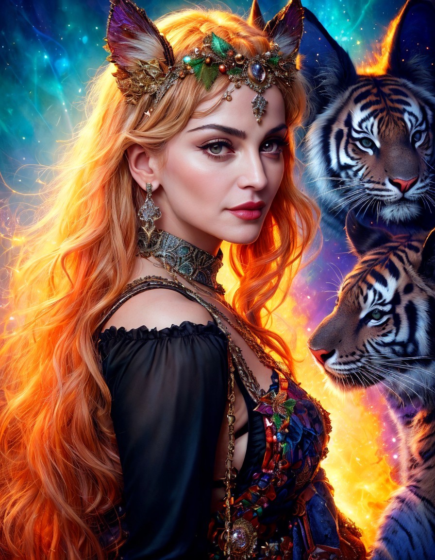 Fantasy Portrait of Woman with Orange Hair and Tigers