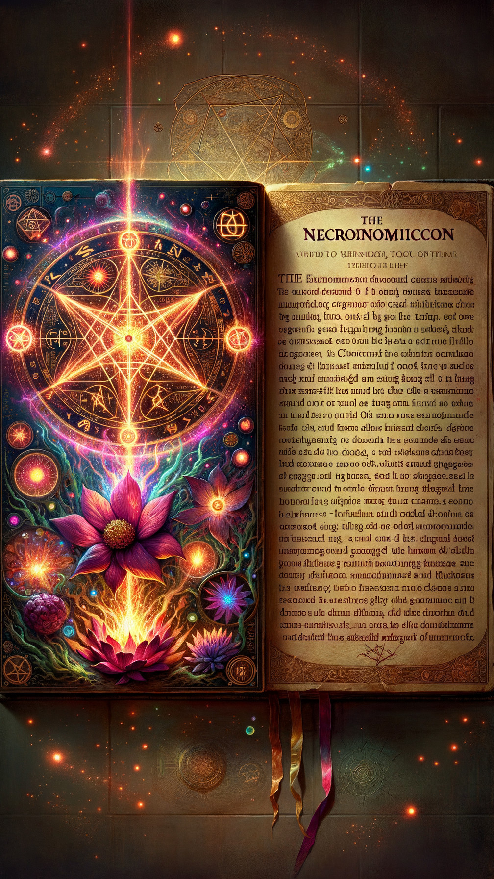Ancient Book with Mystical Symbols and Cosmic Patterns