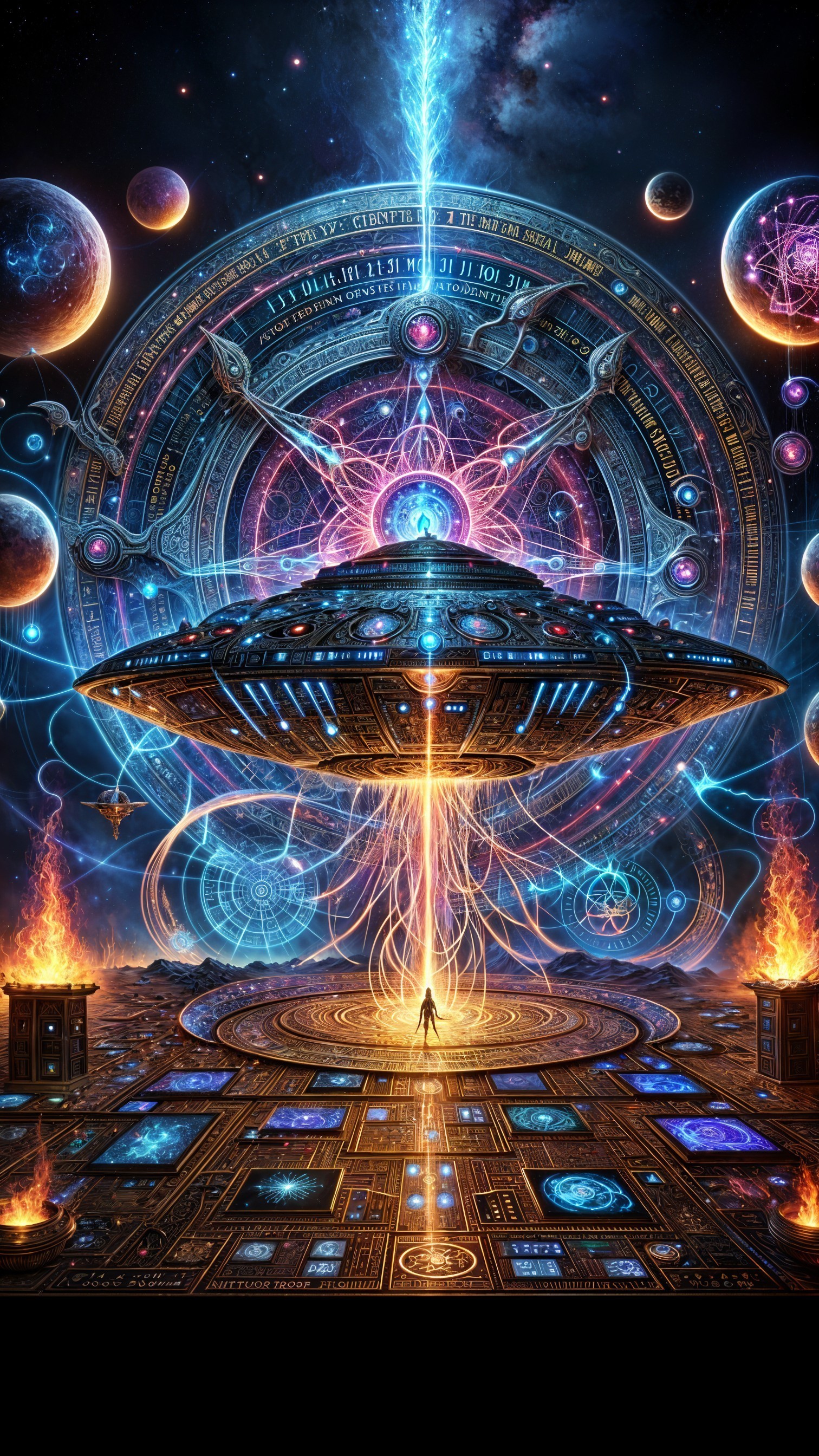 Cosmic Scene with UFO and Vibrant Energy Portal