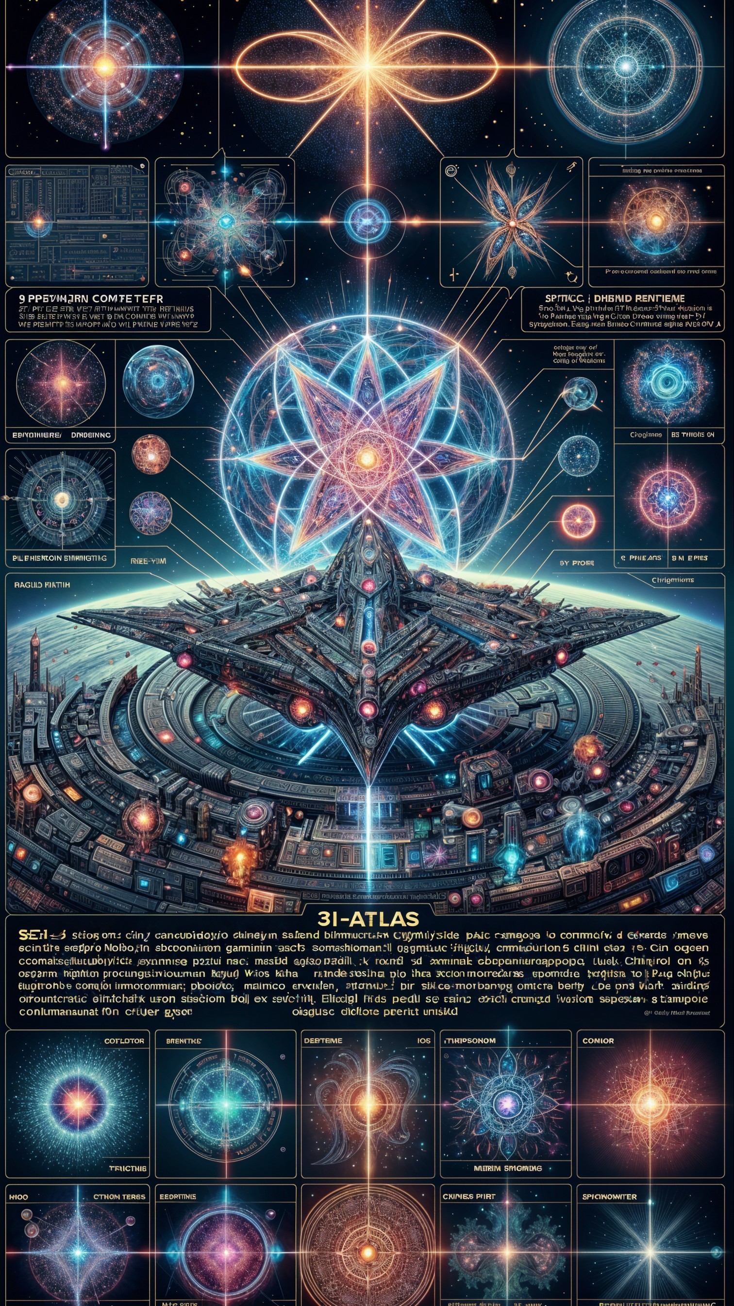 Celestial Scene with Spaceship and Stellar Diagrams