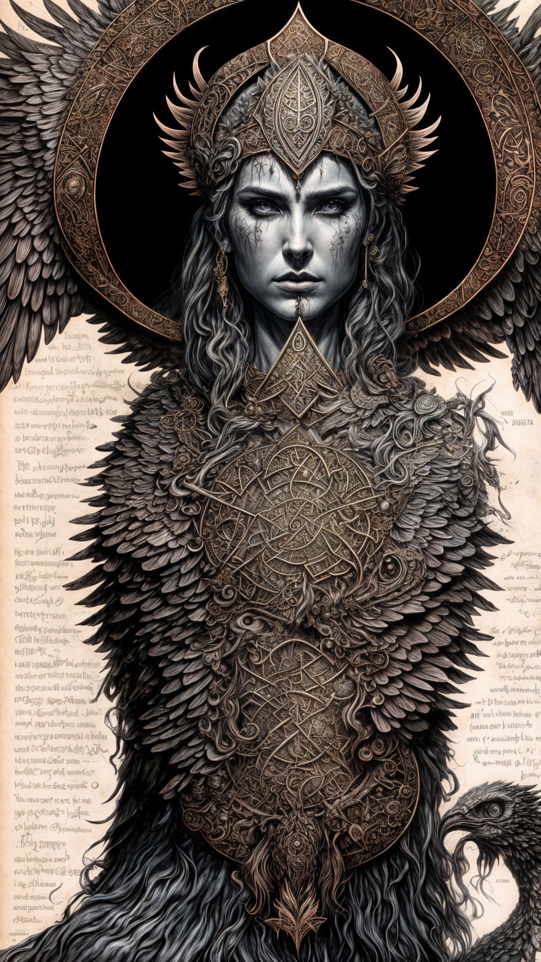 Armored Figure with Ethereal Elements and Dark Halo