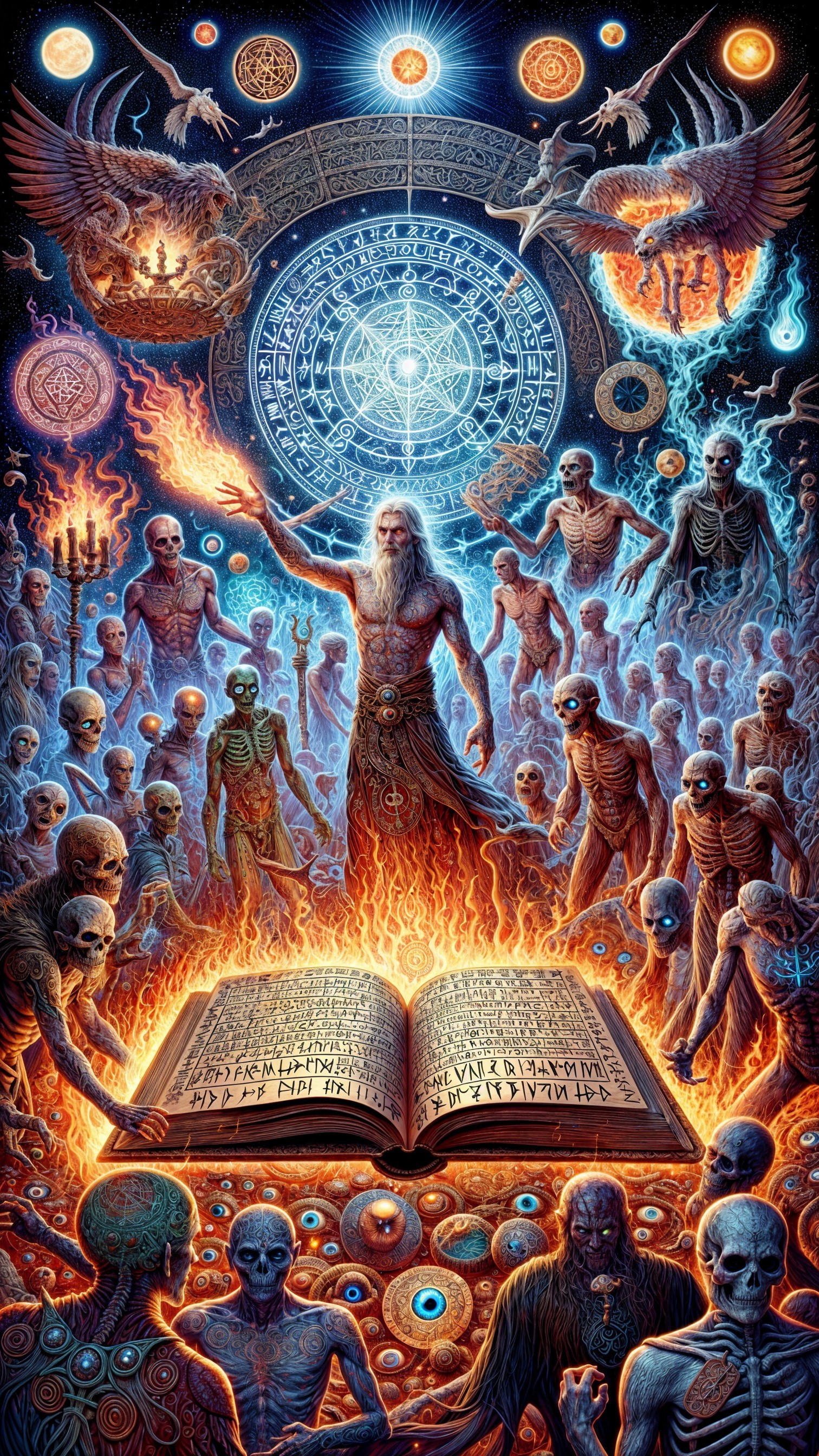 Mystical Figure Surrounded by Flames and Cosmic Elements