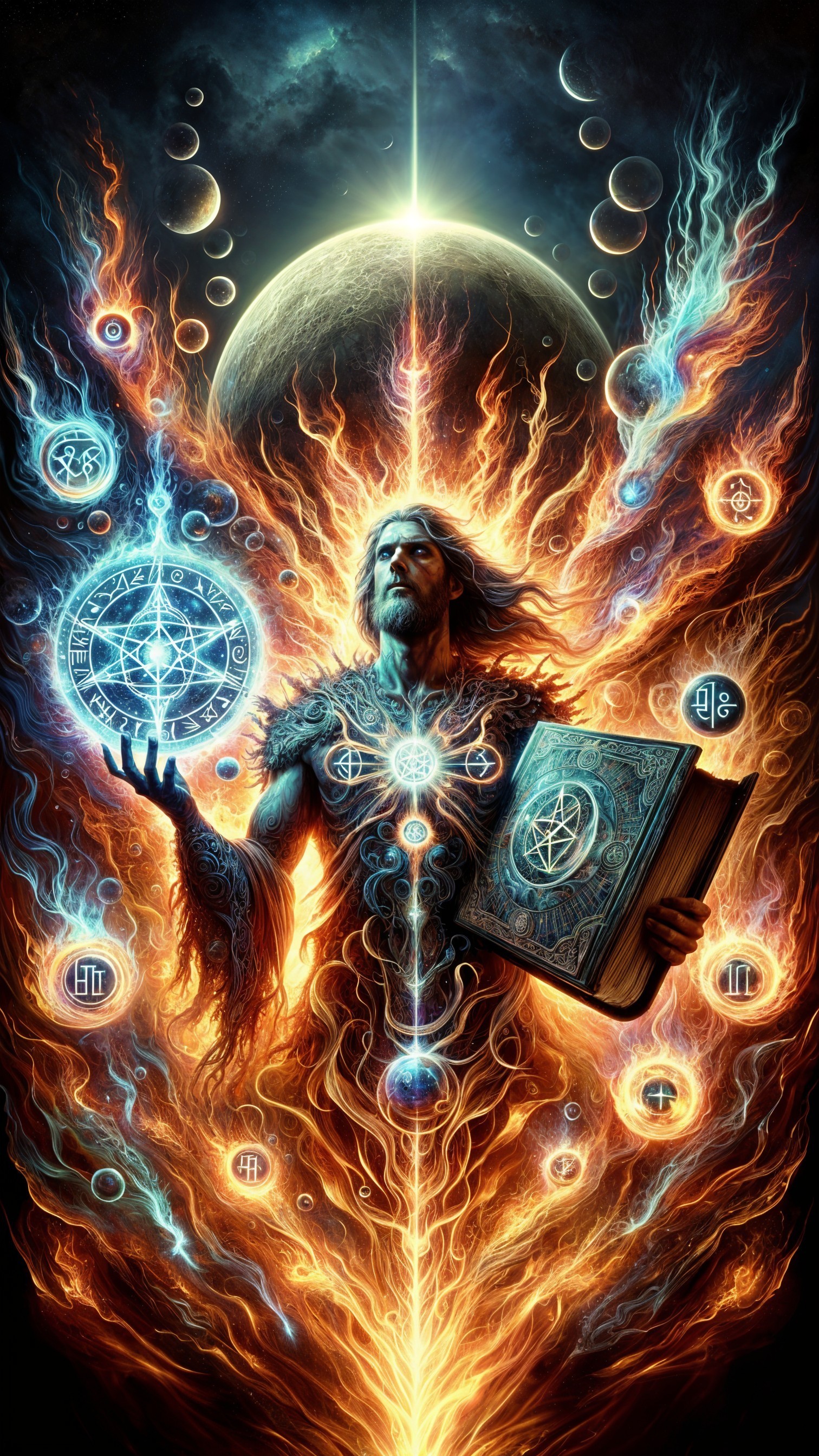 Mystical Figure with Ancient Book in Cosmic Setting