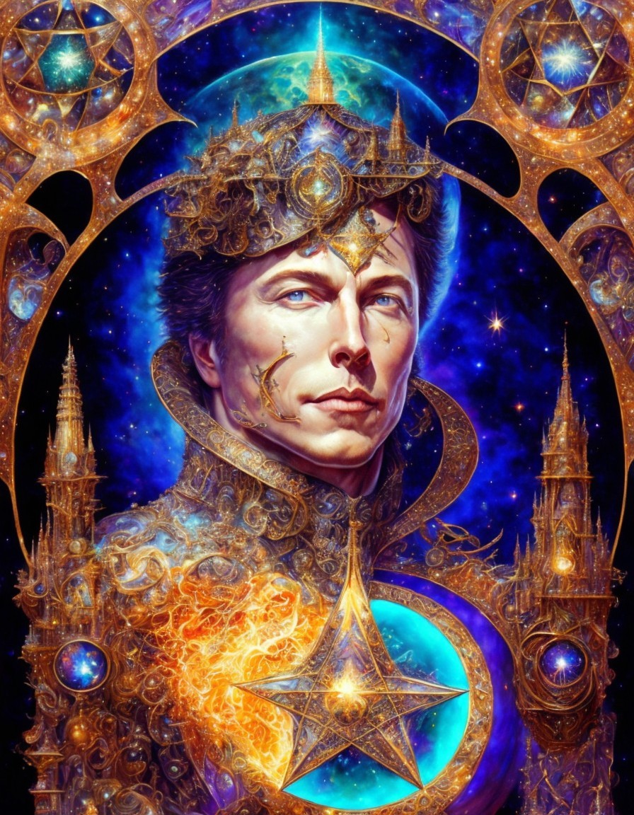 Regal Figure with Crown in Cosmic Background