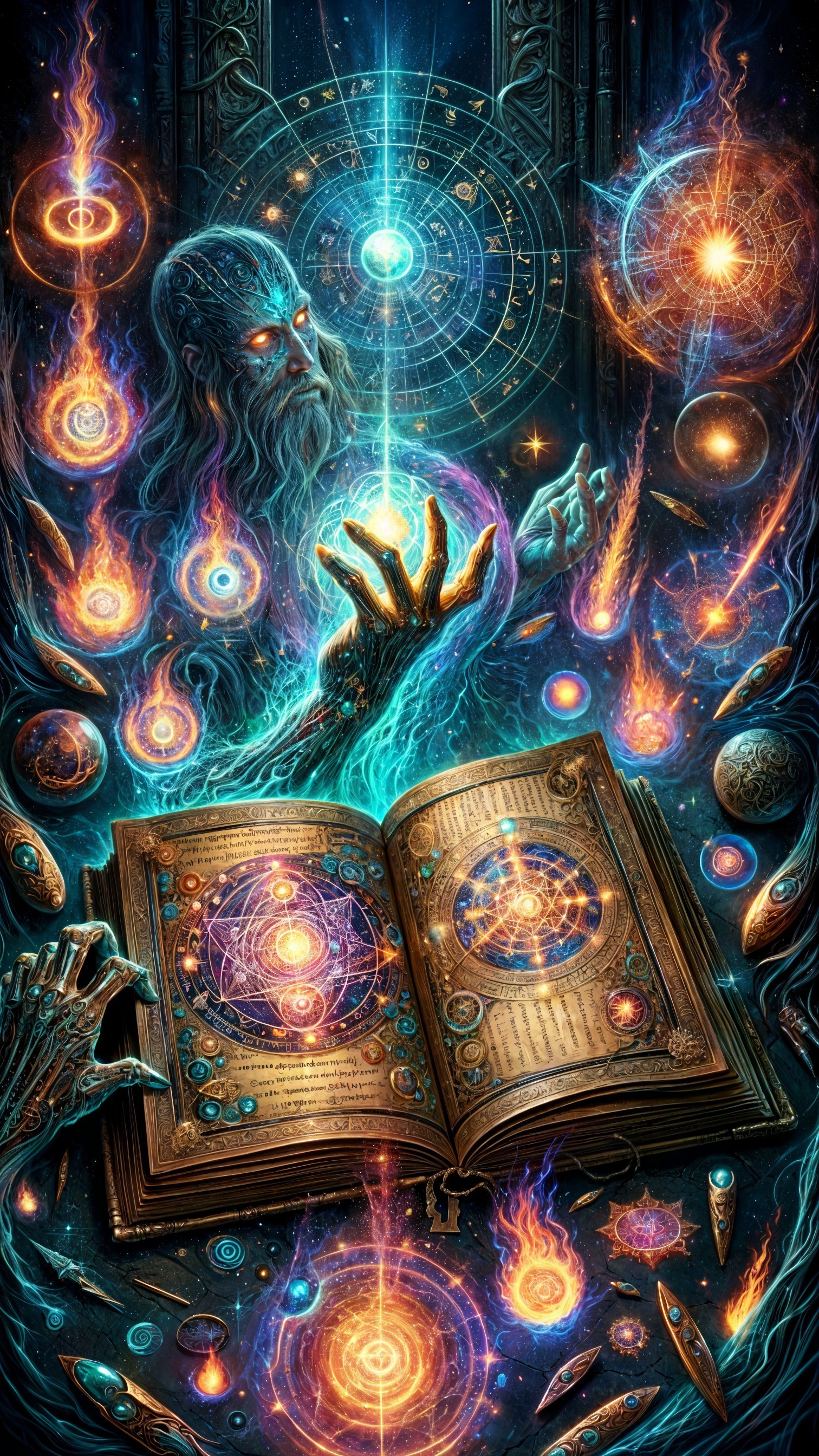 Ethereal Figure with Cosmic Orbs and Arcane Book