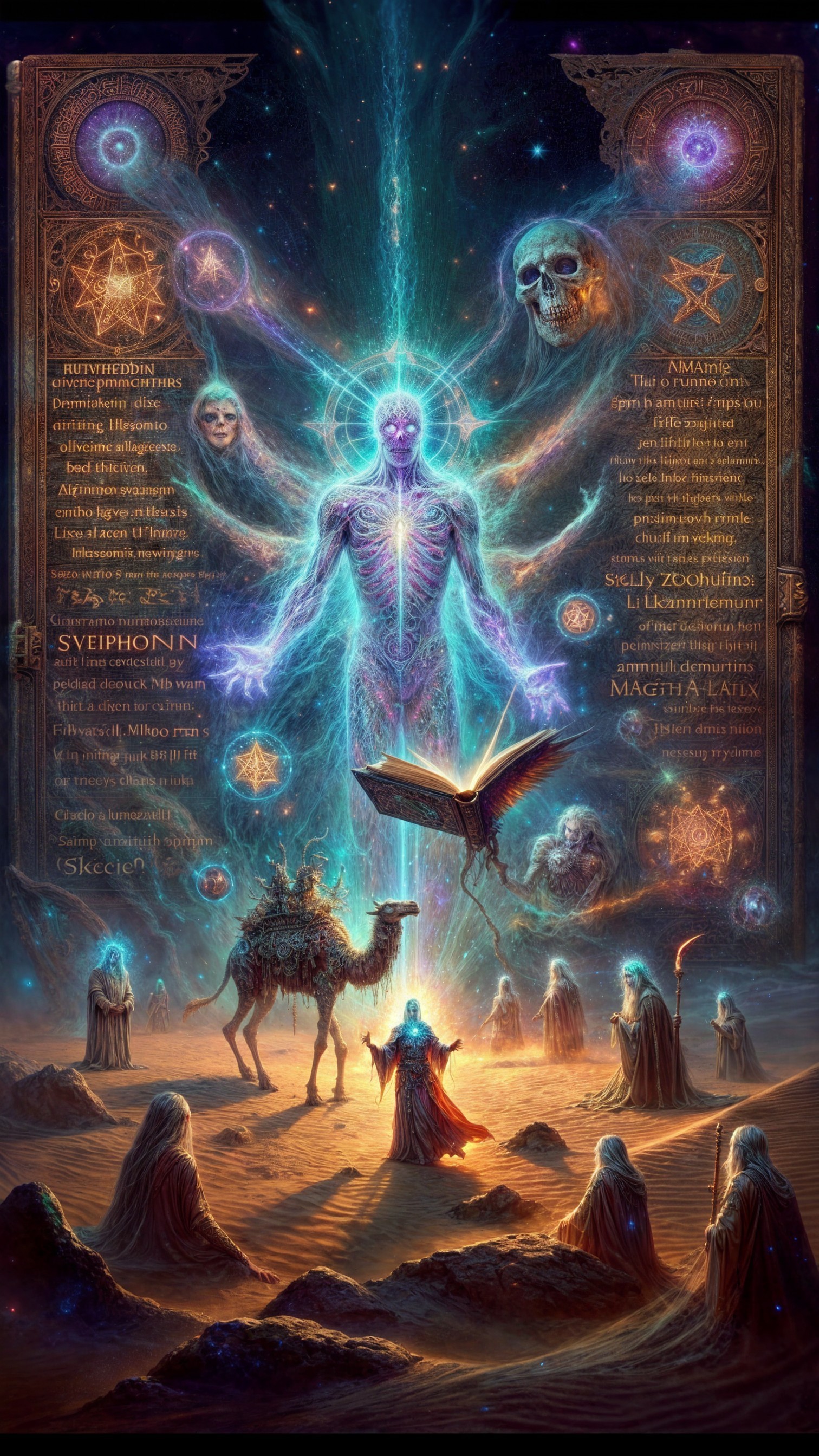 Mystical Desert Scene with Glowing Colossal Figure