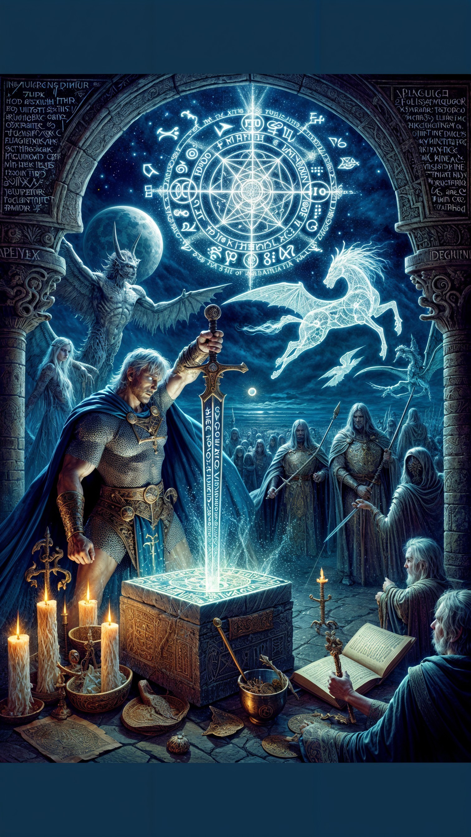 Warrior Extracts Glowing Sword from Stone Altar